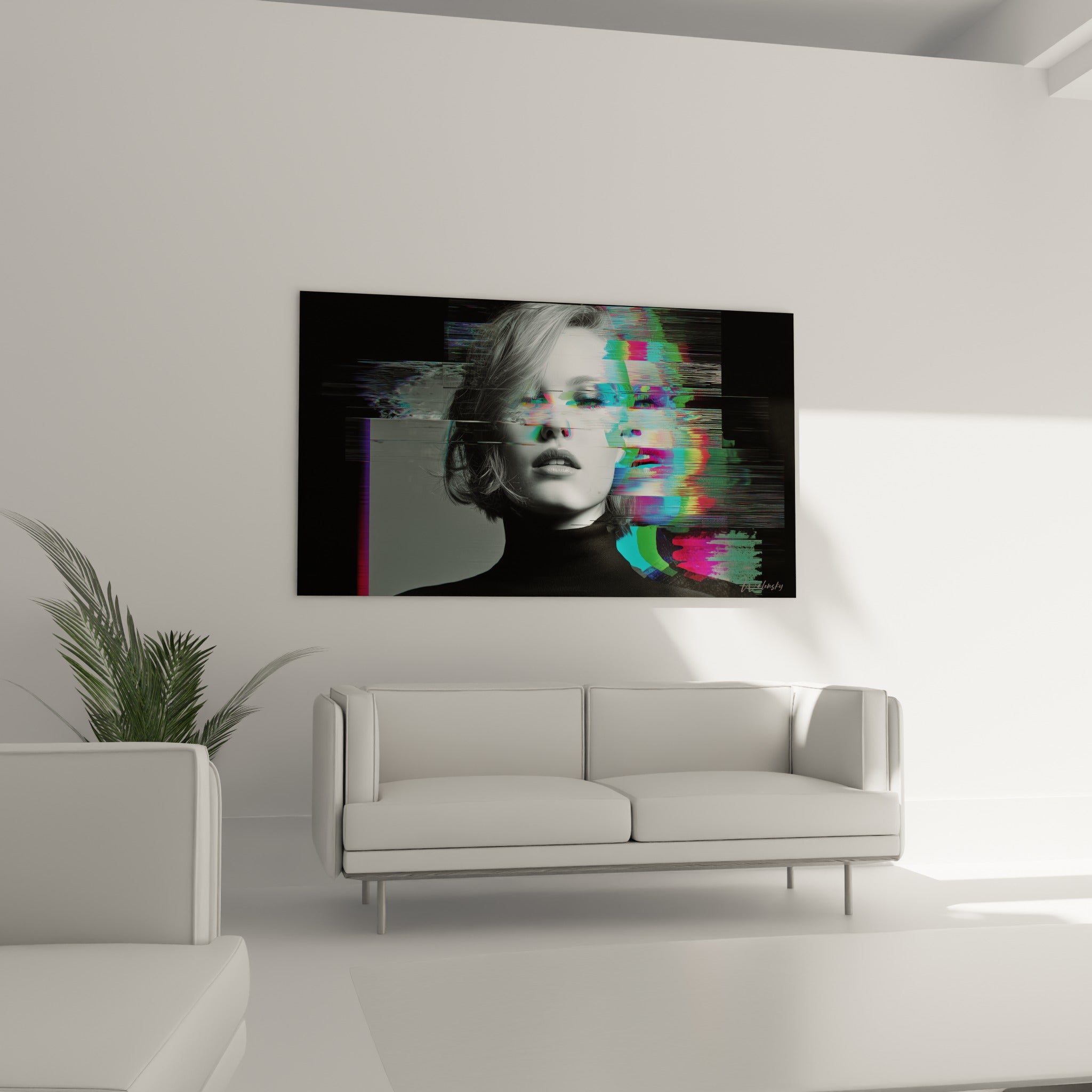Femme au regard clos, pixels turquoise et roses envahissant son visage, au-dessus d'un canapé dans un salon lumineux