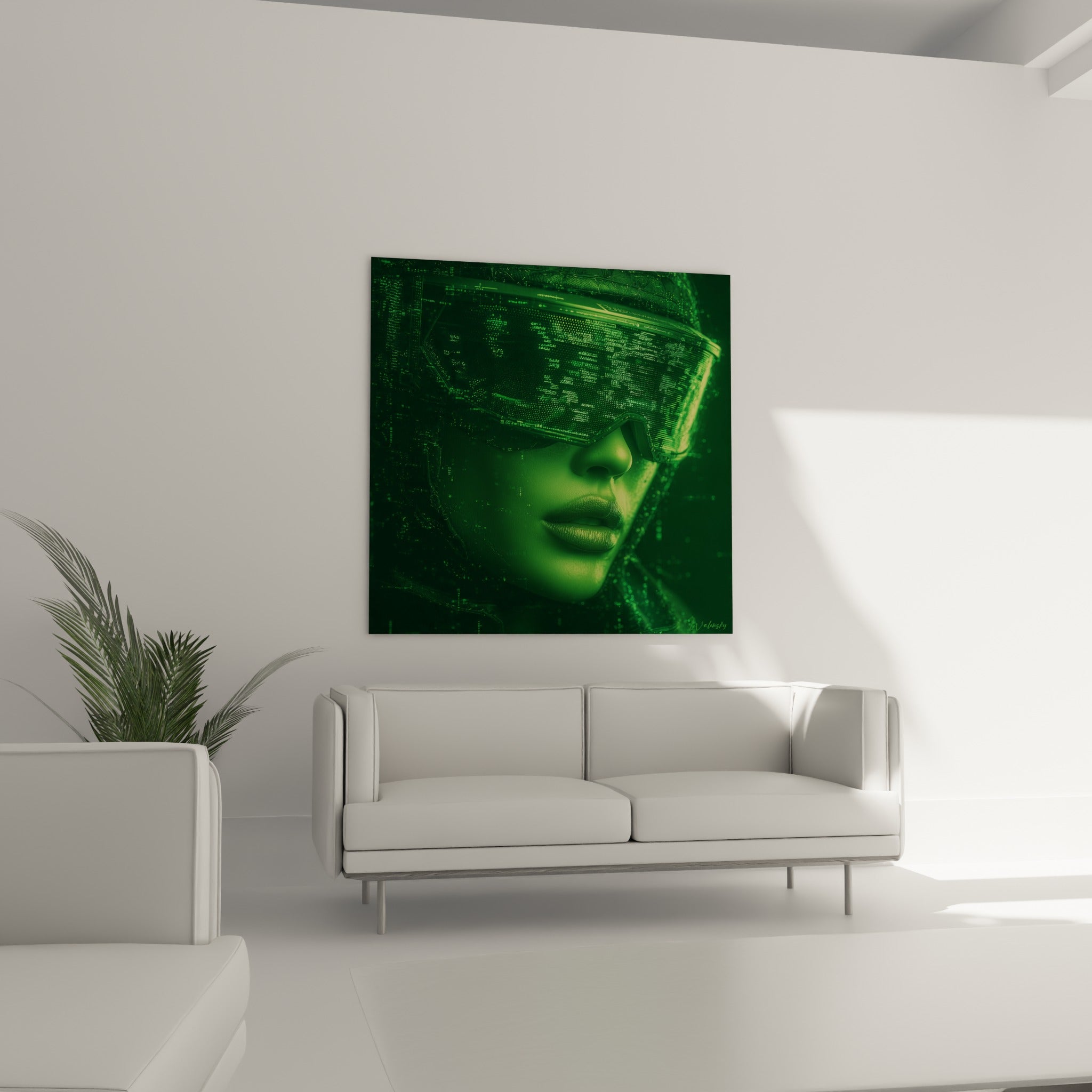 Femme numérique Cyberpunk en camaïeu vert et anthracite, suspendue au-dessus d'un canapé dans un salon lumineux