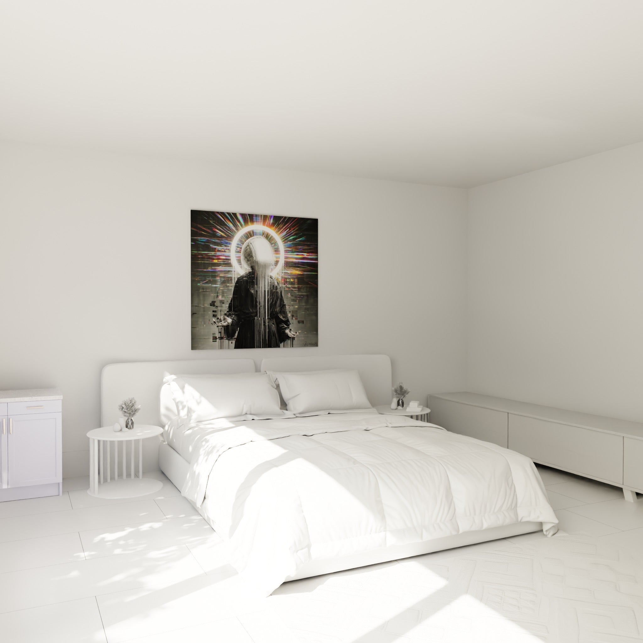 Figure fragmentée au halo blanc éclatant et vêtement noir accrochée au-dessus d'un lit dans une chambre claire