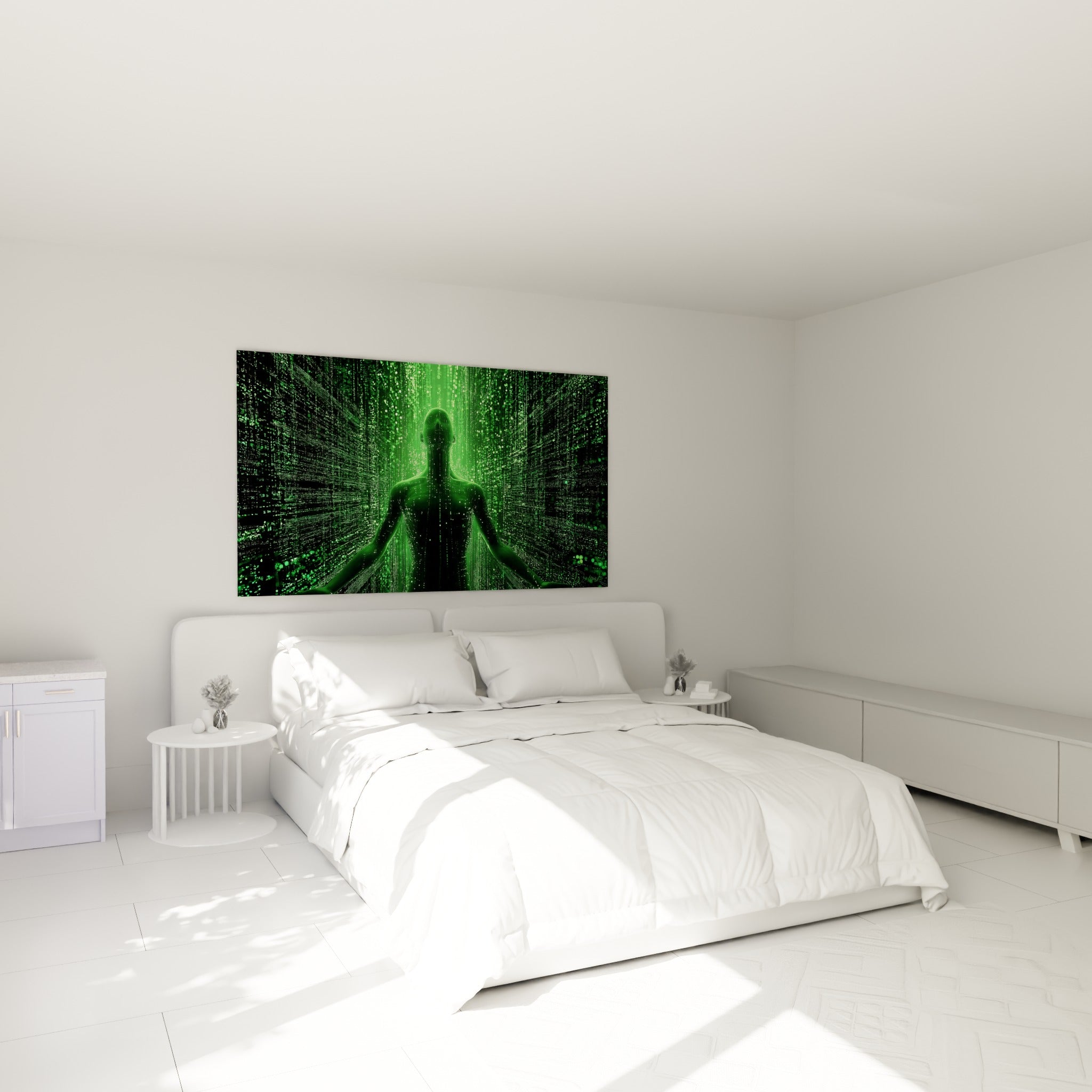 Figure numérique verte et noire au-dessus d'un lit dans une chambre claire