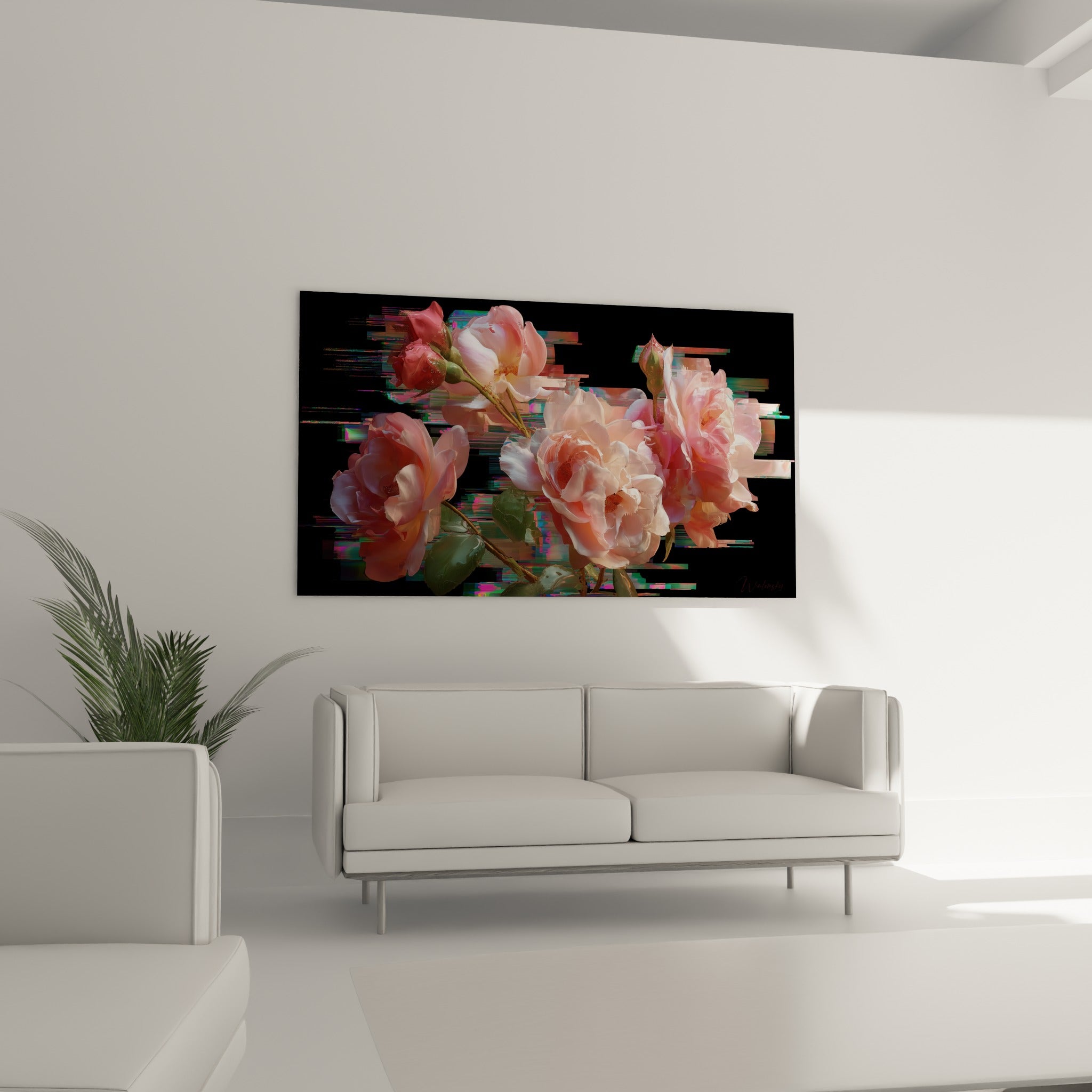 Fleurs roses saumon traversées de bandes glitch magenta positionnées au-dessus d'un canapé dans un salon lumineux