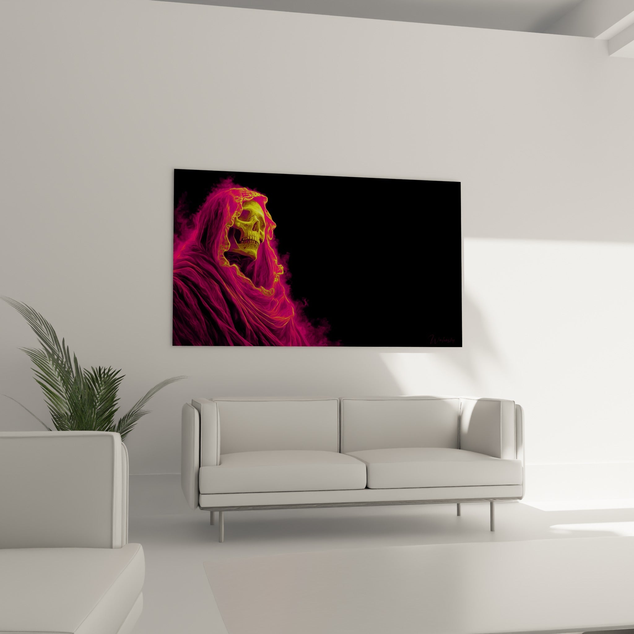 Silhouette encapuchonnée rose magenta et jaune électrique du tableau Cyberpunk au-dessus d'un canapé dans un salon lumineux