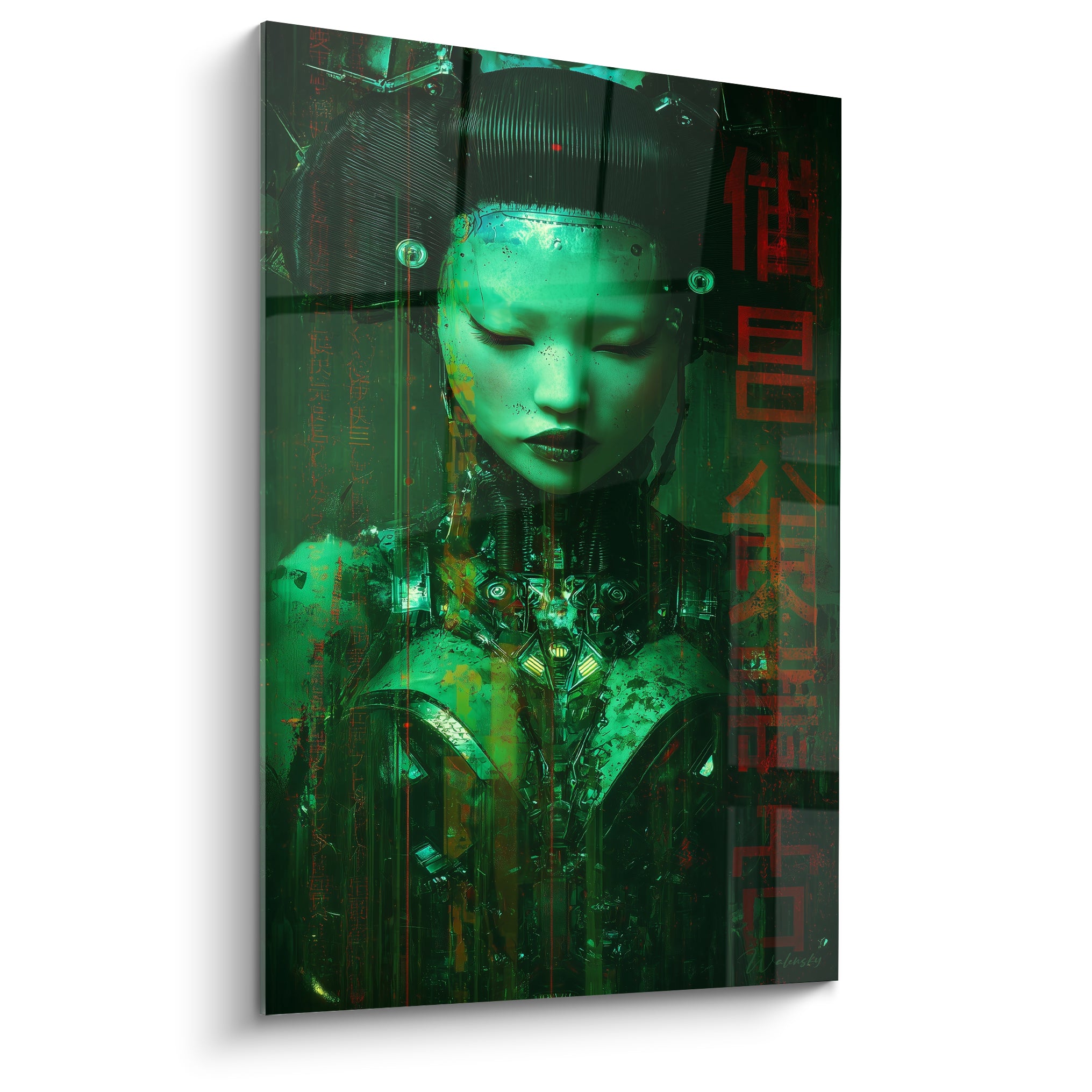 Geisha androïde vert émeraude aux yeux clos, buste métallique anthracite et idéogrammes rouge cramoisi