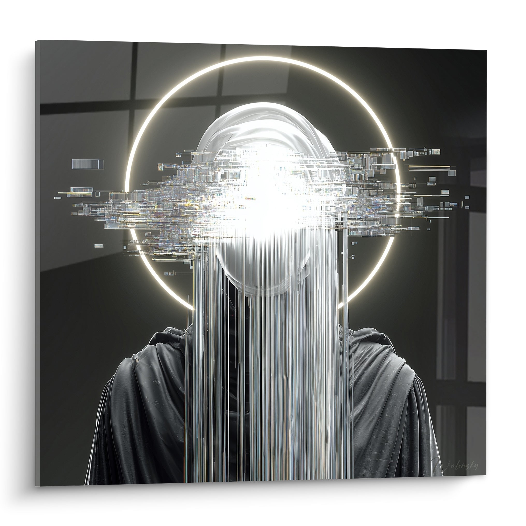 Silhouette Cyberpunk encapuchonnée en cape anthracite, halo blanc lumineux et flux numérique vertical
