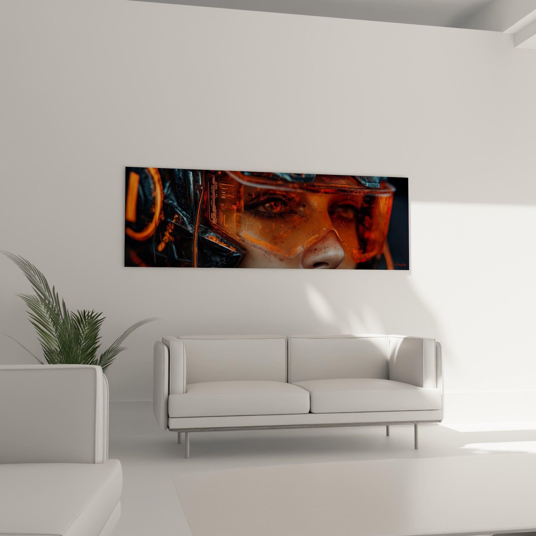Visière Cyberpunk lumineuse, contrastes noirs et orangés, disposée au-dessus d'un canapé dans un salon lumineux