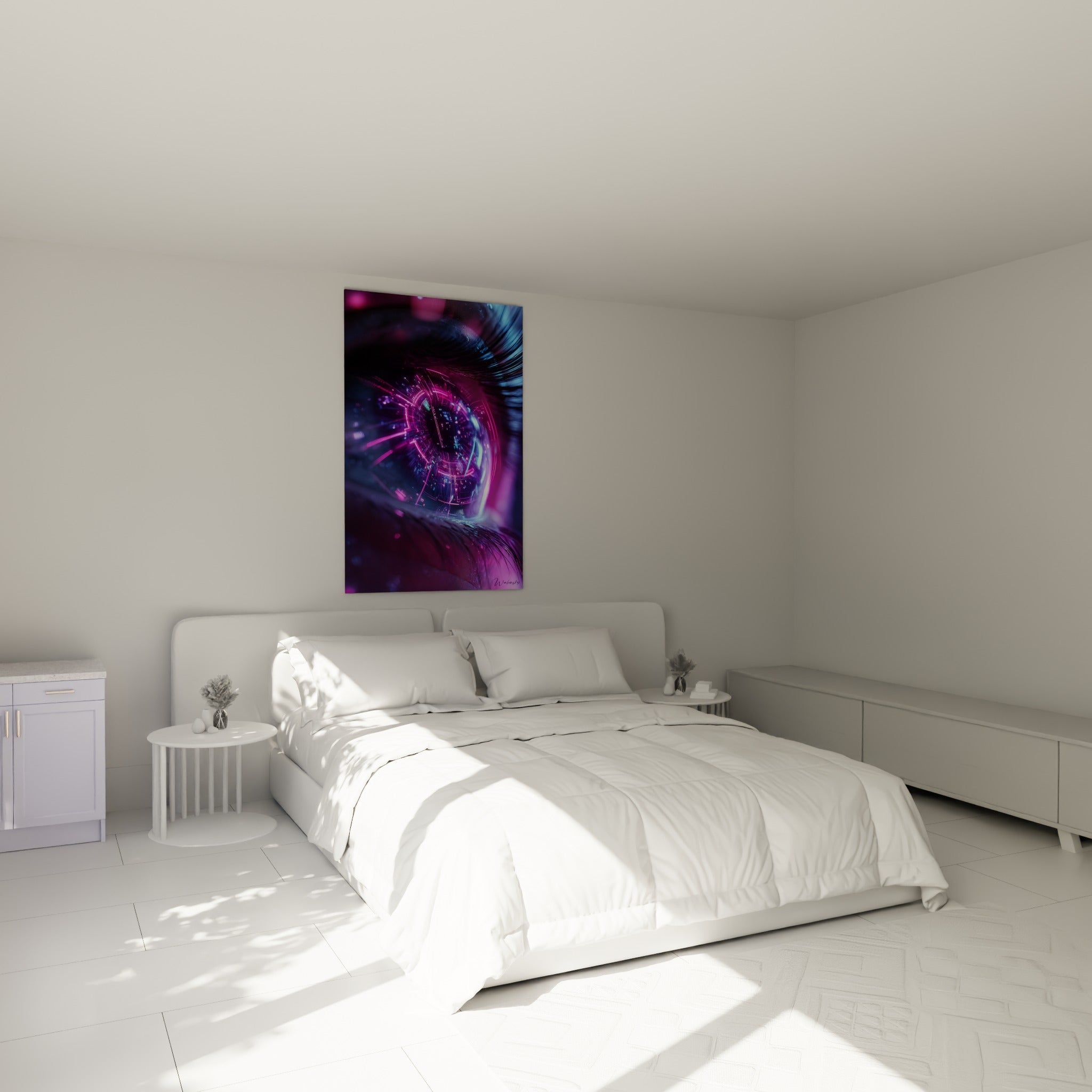 Iris digital violet et turquoise, cils sombres détaillés, au-dessus d'un lit dans une chambre claire
