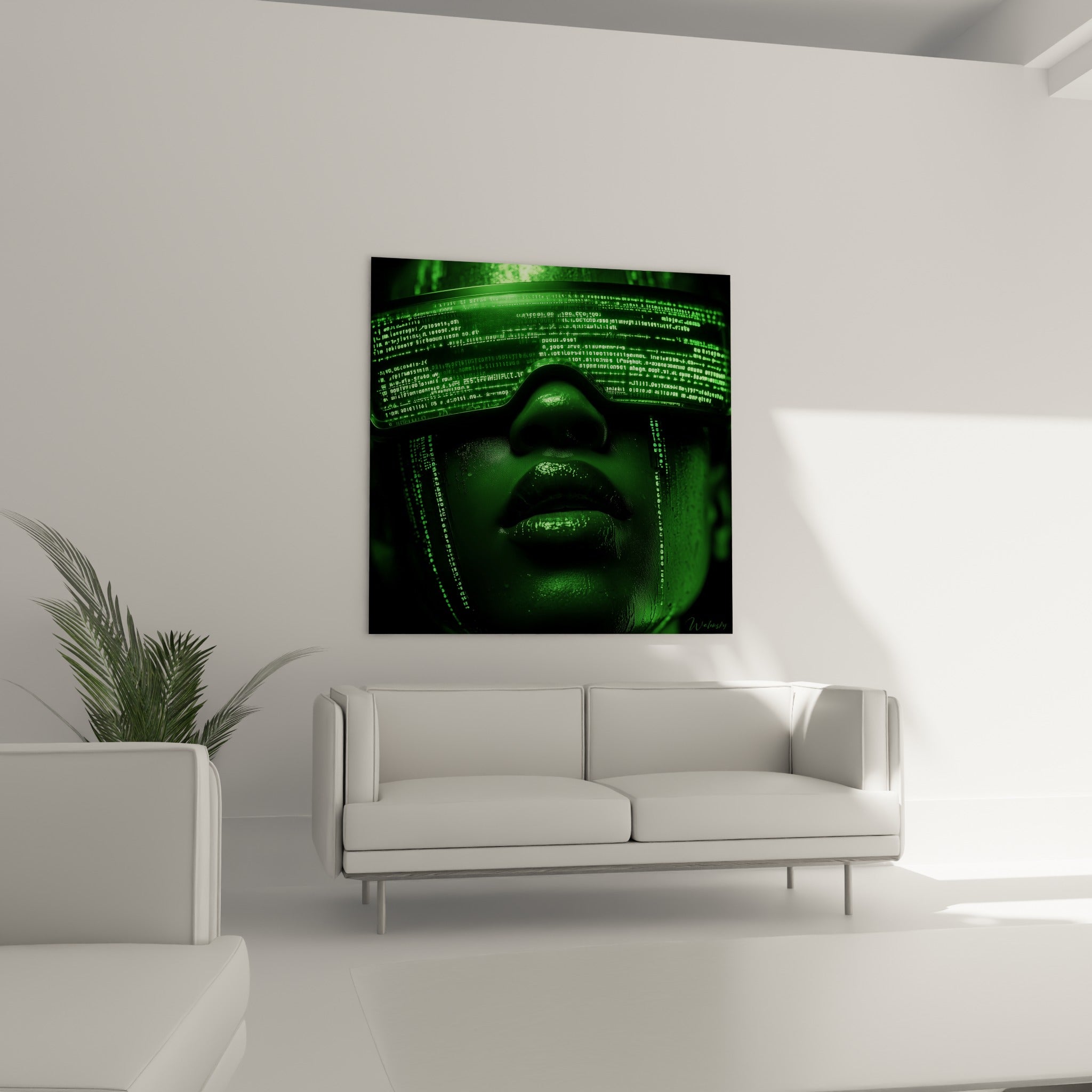 Lèvres humides et code vert défilant sur visage anthracite, tableau Cyberpunk au-dessus d'un canapé dans un salon lumineux