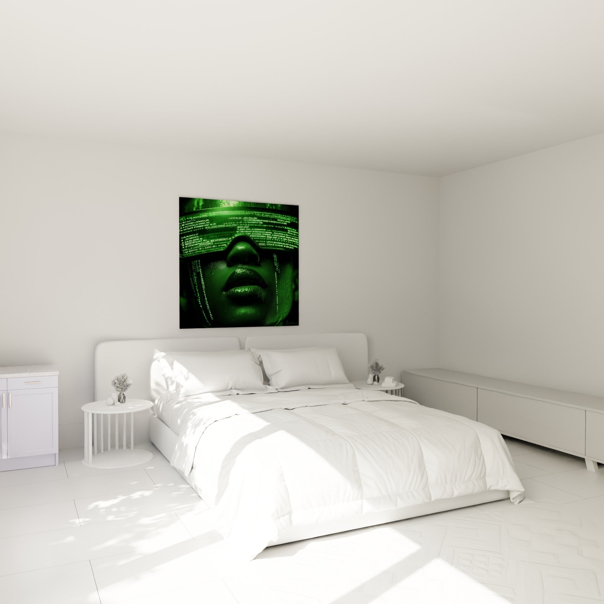 Lunettes numériques vert fluorescent et peau noire luisante, tableau Cyberpunk au-dessus d'un lit dans une chambre claire