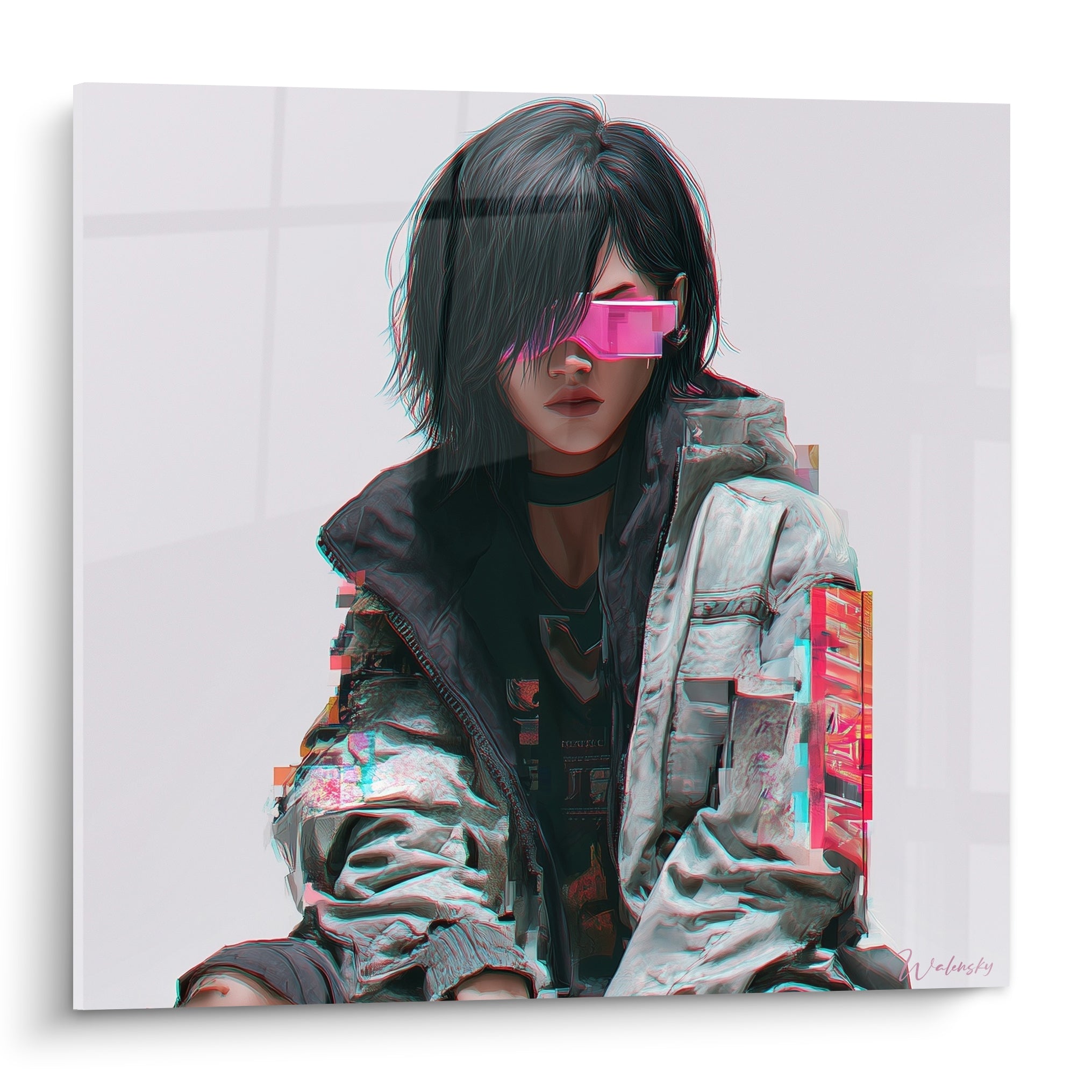 Femme aux lunettes roses et veste argentée fragmentée, portrait cyberpunk sur fond gris clair