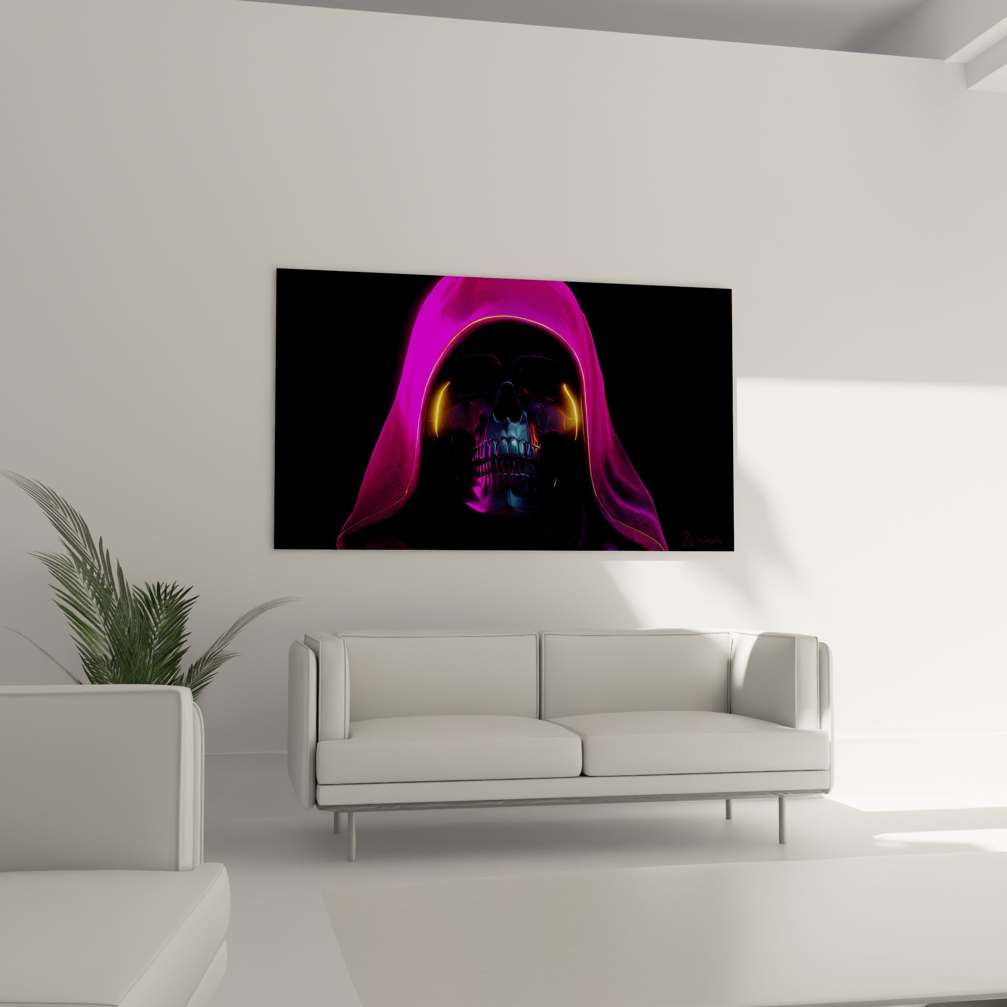Crâne mécanique fuchsia aux orbites dorées incandescentes, suspendu au-dessus d'un canapé dans un salon lumineux
