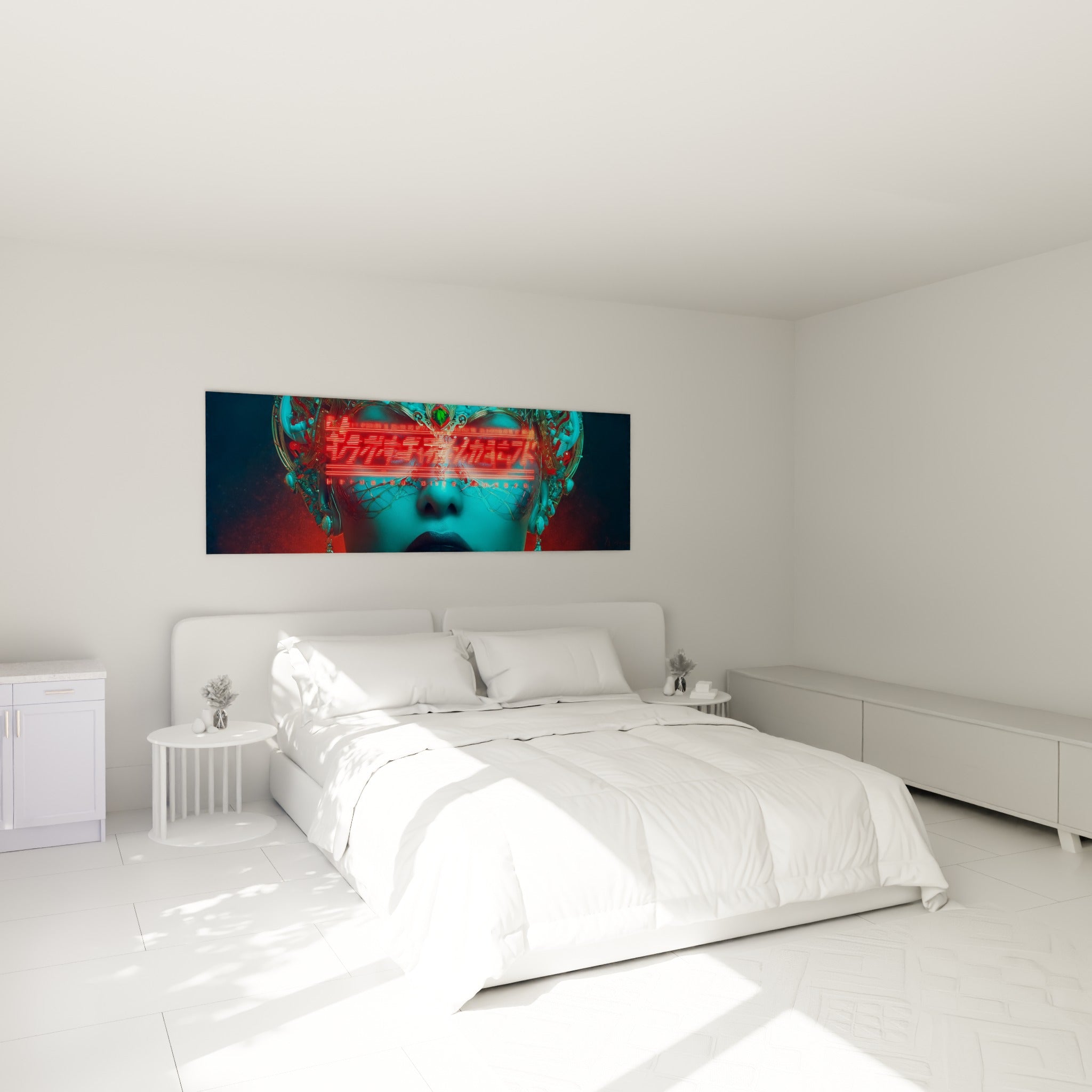 Portrait cyberpunk anthracite et turquoise orné de fils dorés, au-dessus d'un lit dans une chambre claire