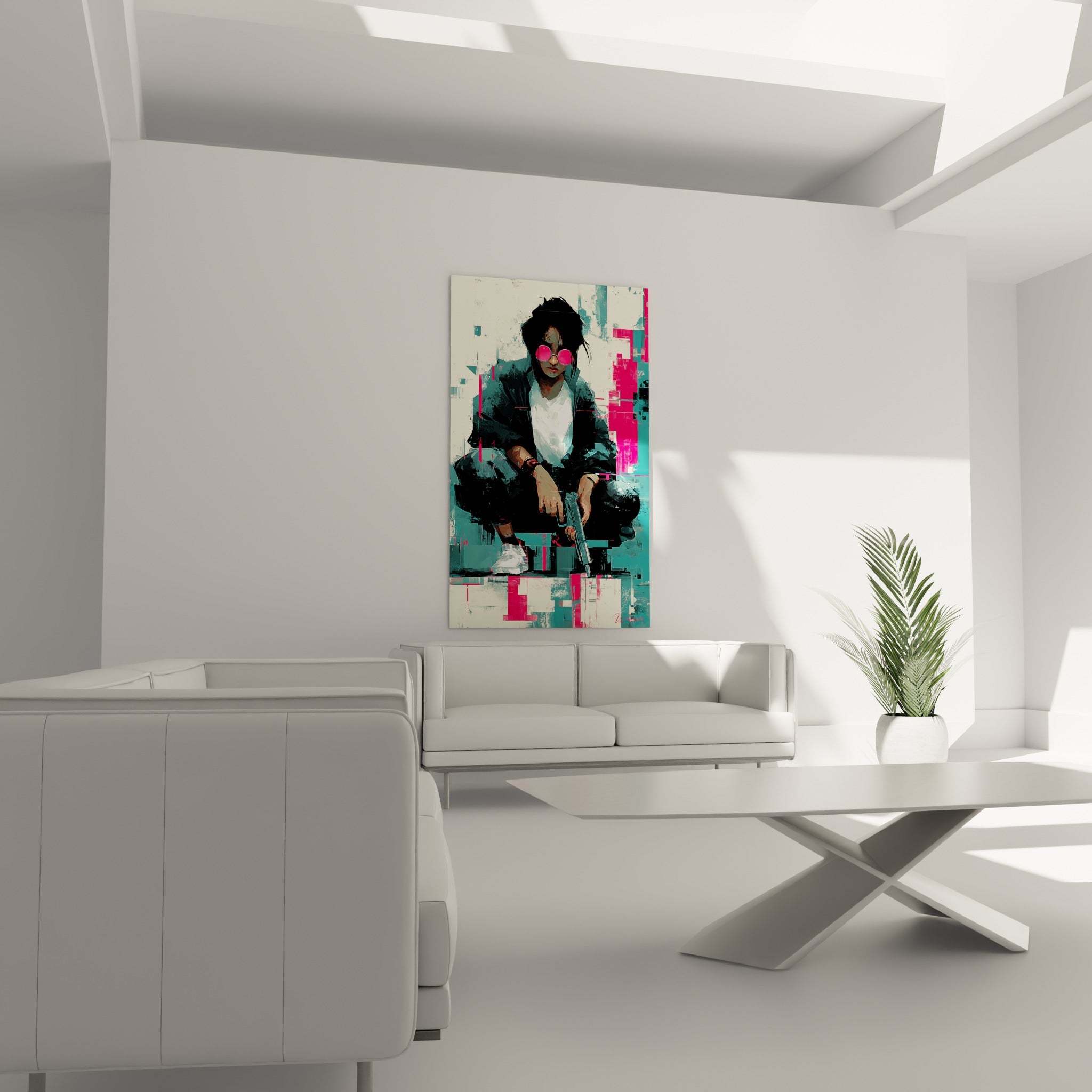 Figure sombre aux lunettes roses tenant un pistolet, tableau Cyberpunk placé au-dessus d'un canapé dans un salon lumineux
