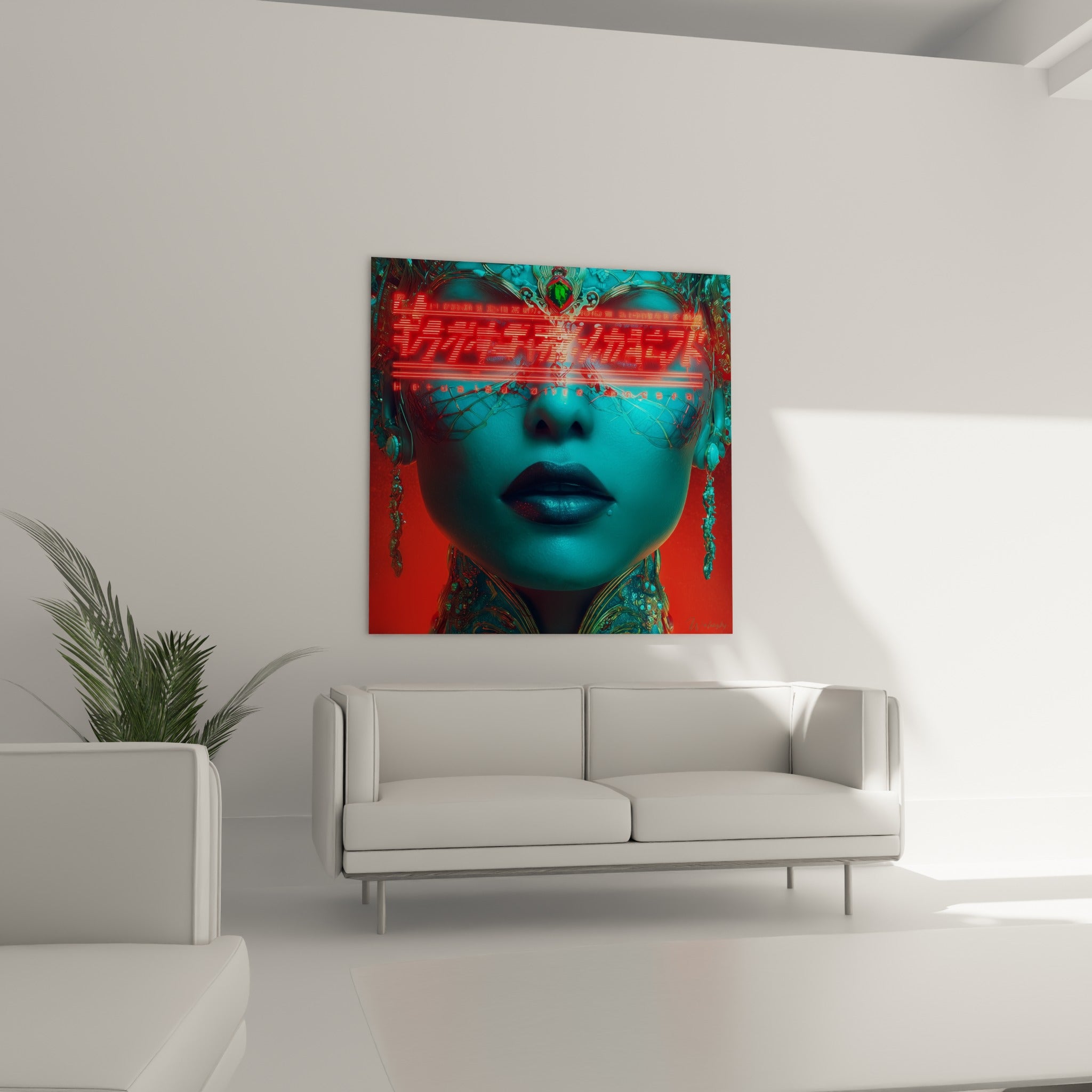 Portrait Cyberpunk turquoise et rouge corail, suspendu au-dessus d'un canapé dans un salon lumineux