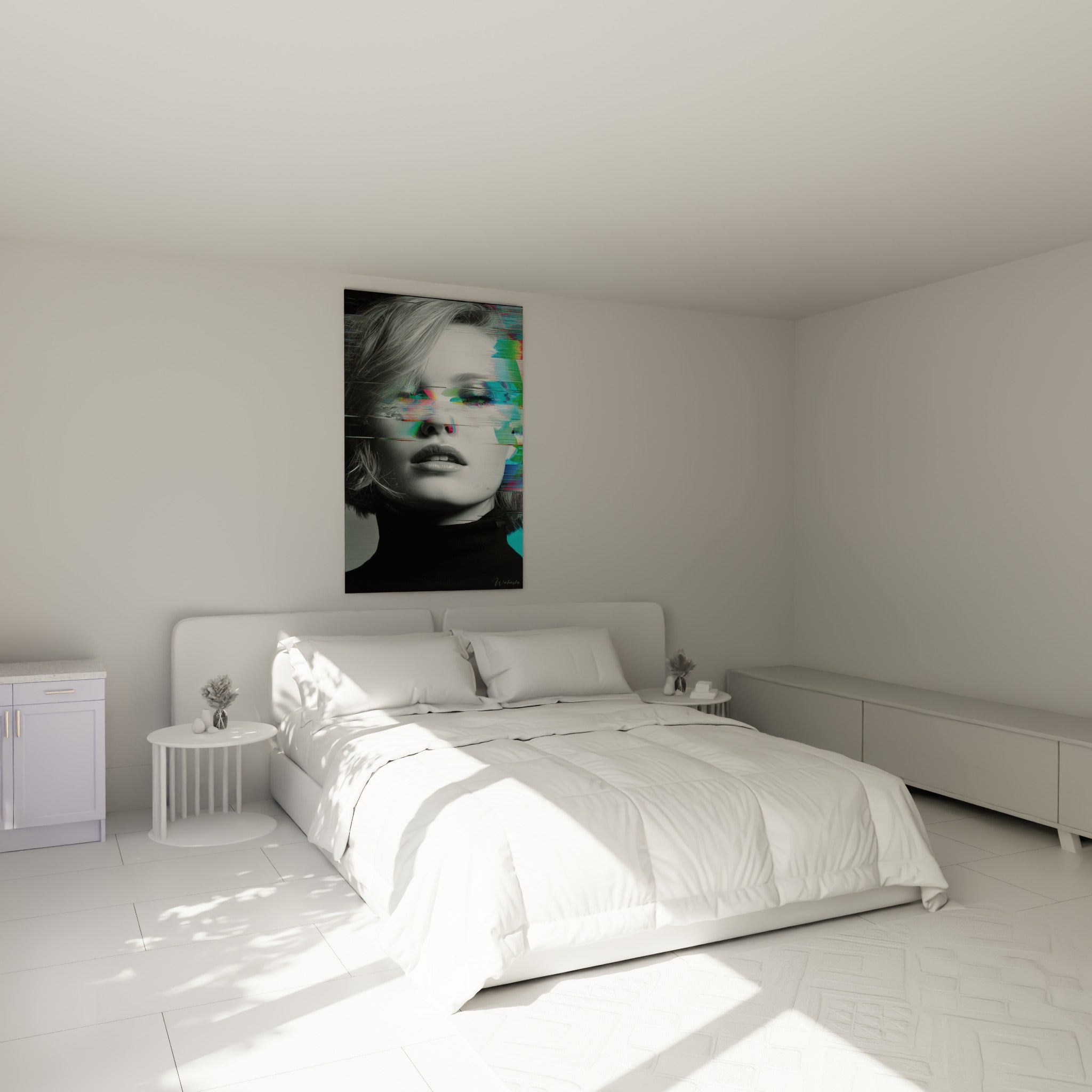Portrait Cyberpunk aux distorsions turquoise et magenta, accroché au-dessus d'un lit dans une chambre claire