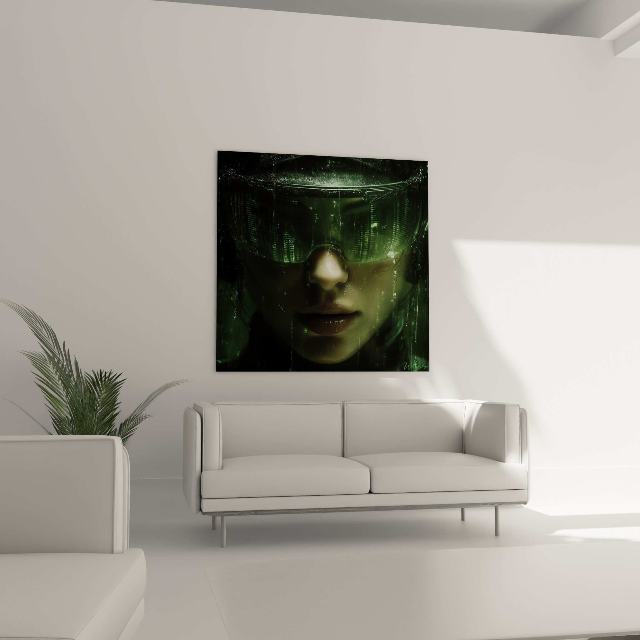 Regard Cyberpunk masqué de données vertes et ocre au-dessus d'un canapé dans un salon lumineux