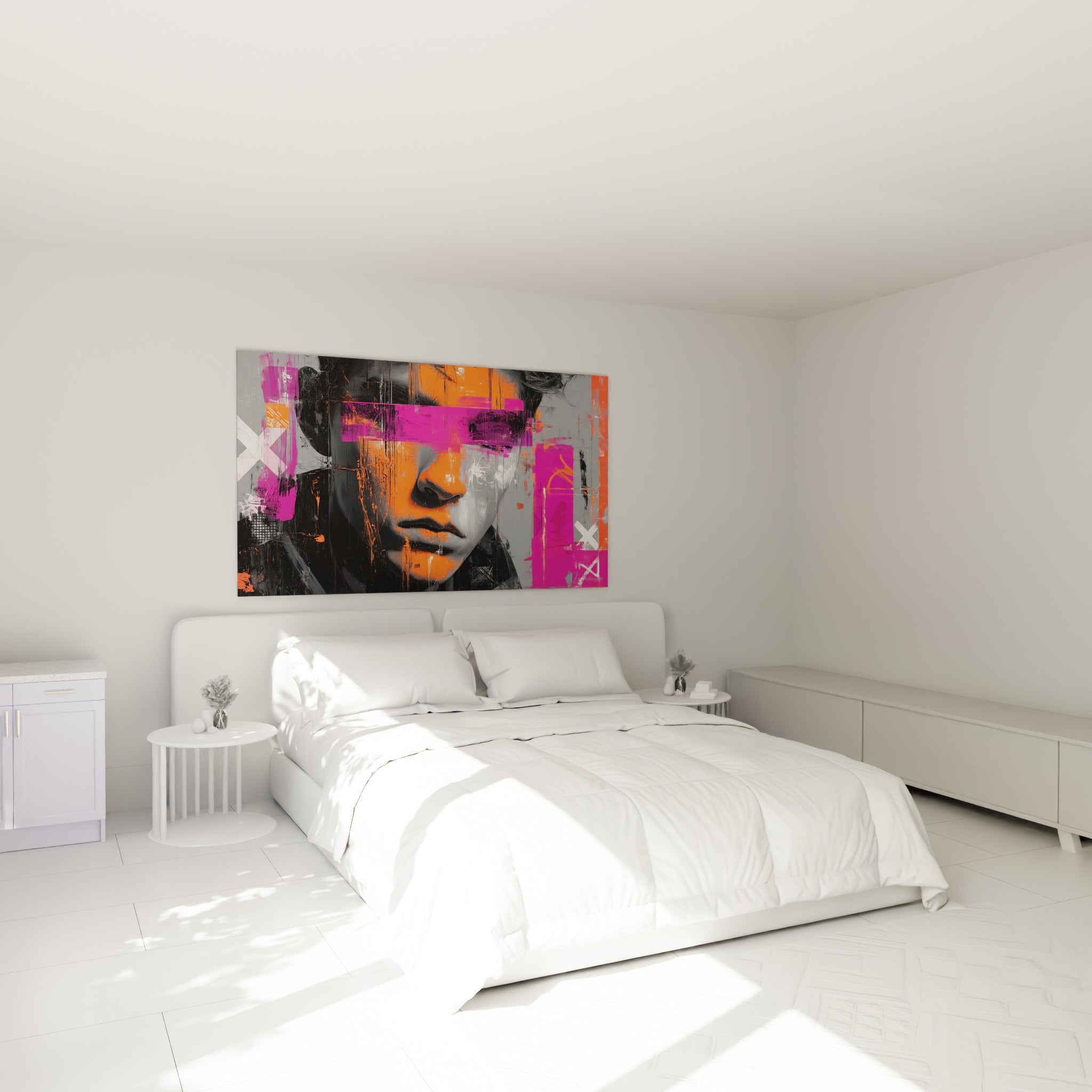 Portrait Cyberpunk rose et orange masquant le regard, accroché au-dessus d'un lit dans une chambre claire