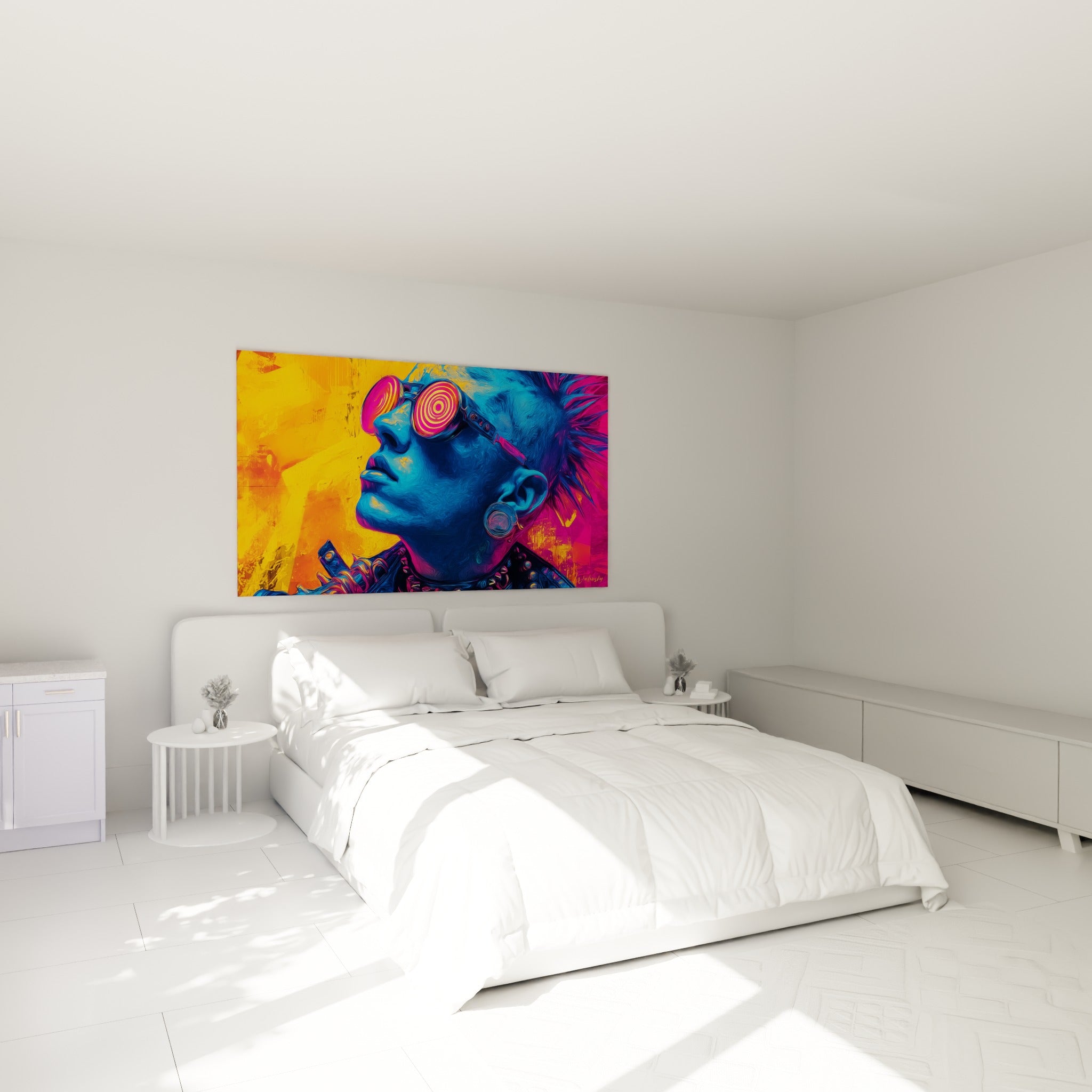 Portrait Cyberpunk bleu et rose au regard levé, accroché au-dessus d'un lit dans une chambre claire