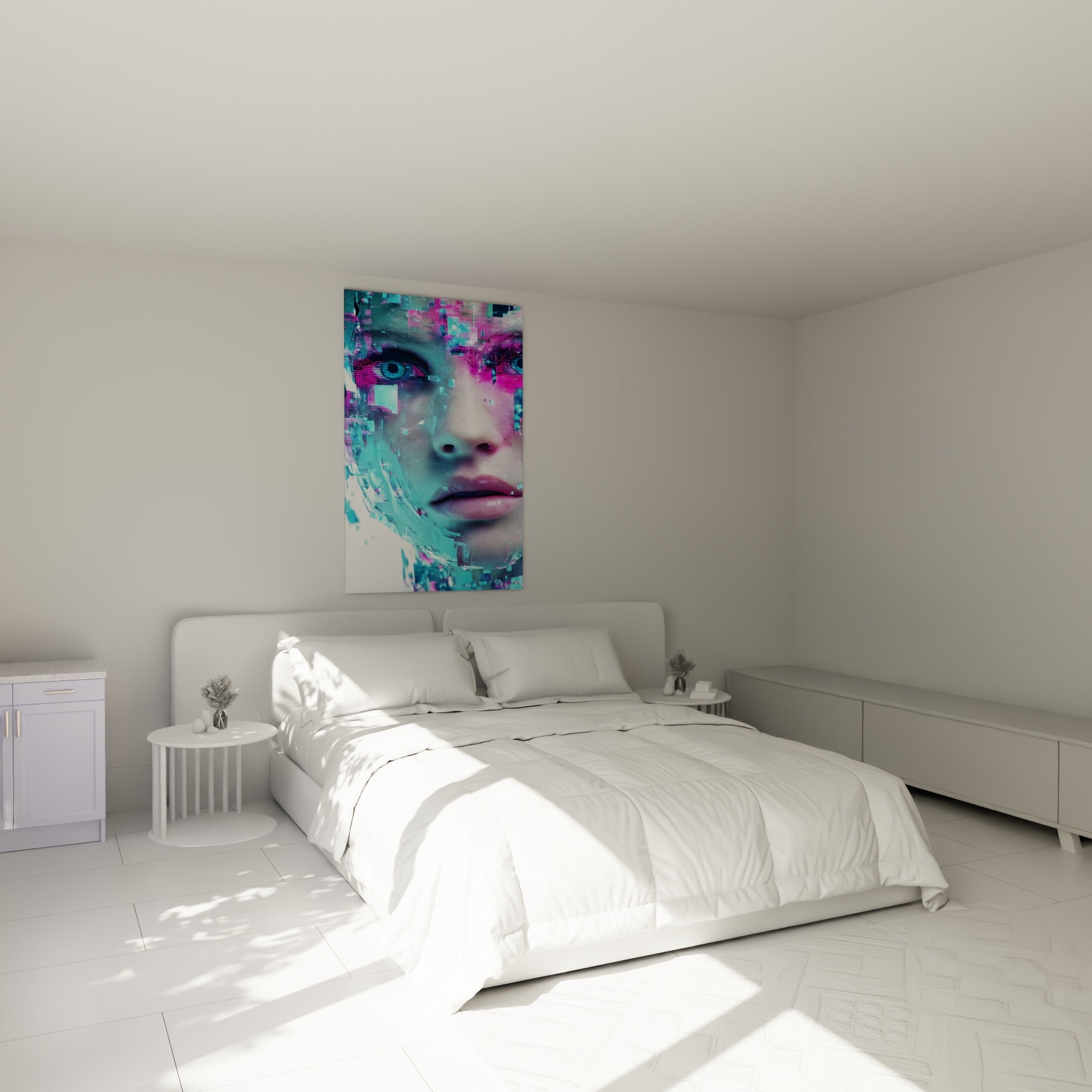 Portrait Cyberpunk turquoise et rose se dissolvant en pixels, accroché au-dessus d'un lit dans une chambre claire