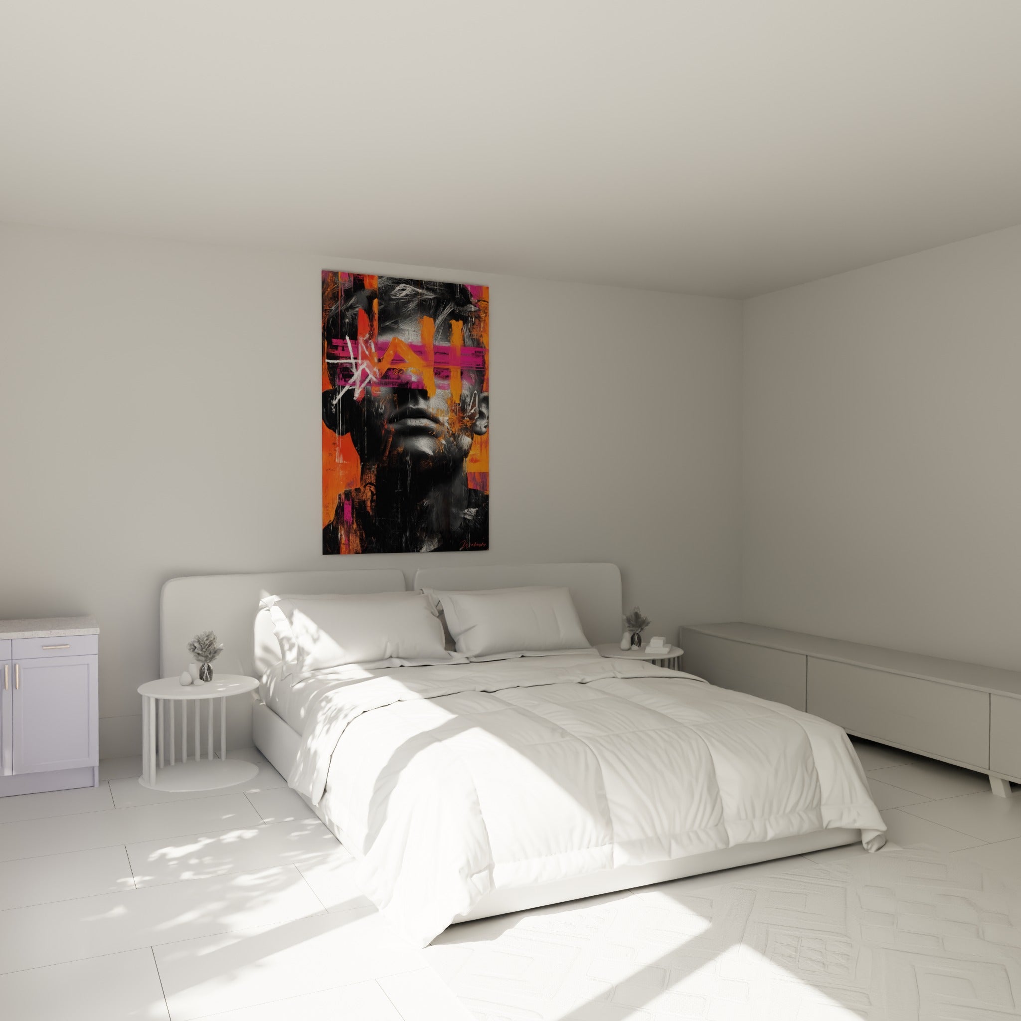Portrait Cyberpunk aux coulures orange et fuchsia accroché au-dessus d'un lit dans une chambre claire