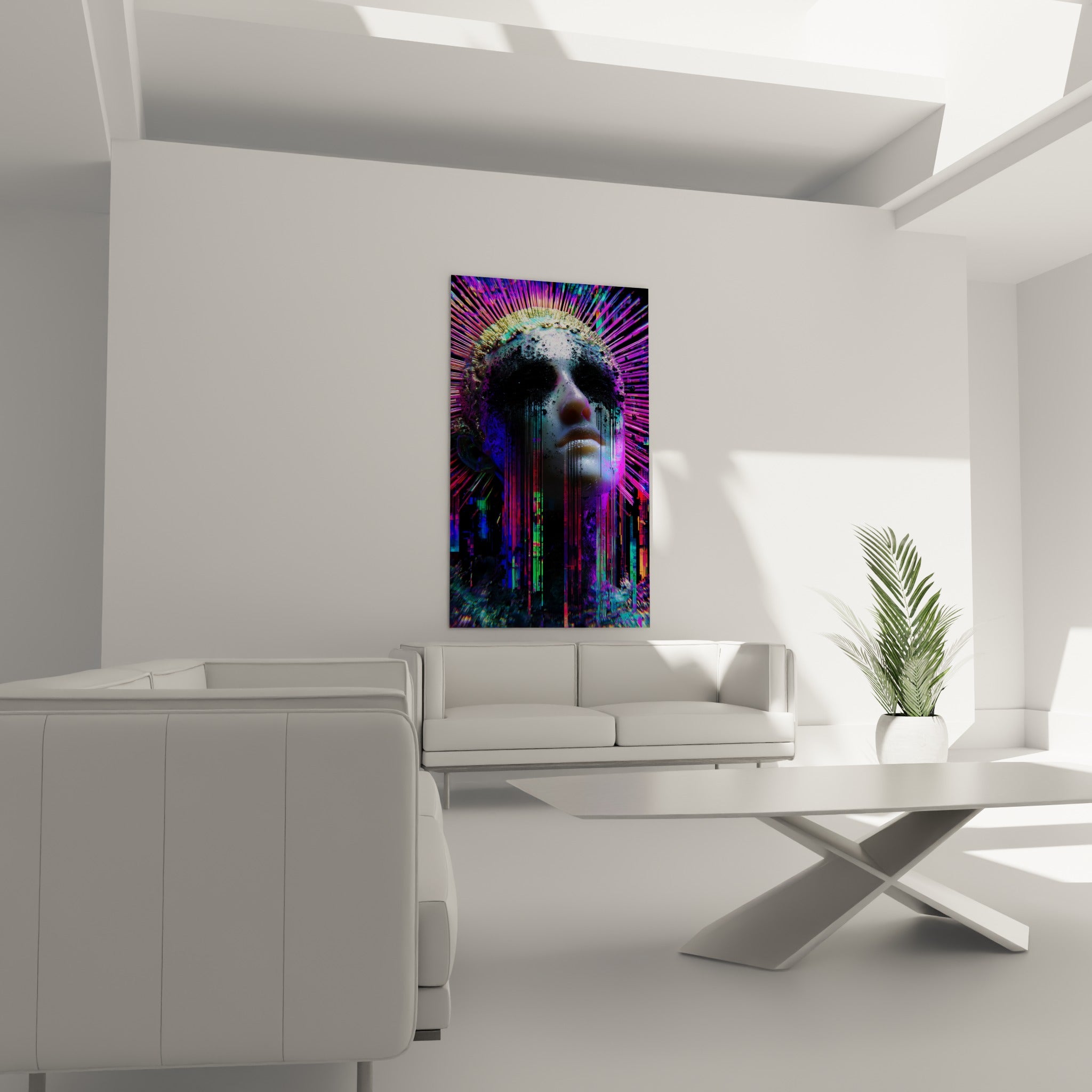 Portrait Cyberpunk aux traînées magenta et bleu électrique au-dessus d'un canapé dans un salon lumineux