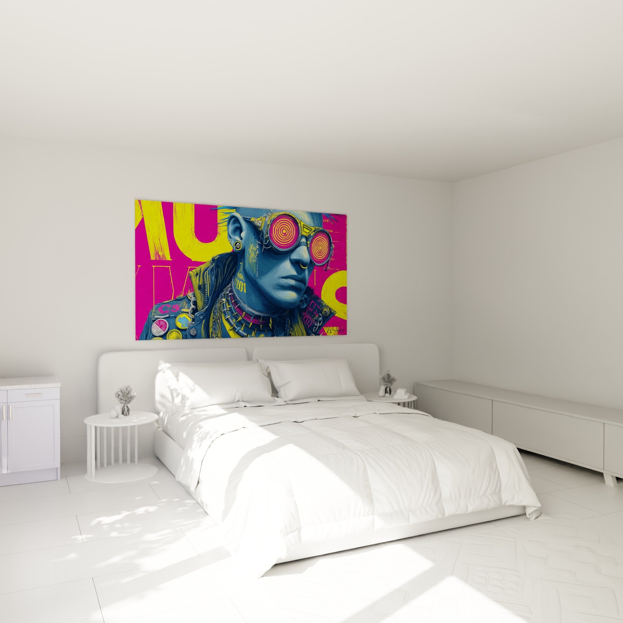 Portrait punk bleu et magenta accroché au-dessus d'un lit dans une chambre claire