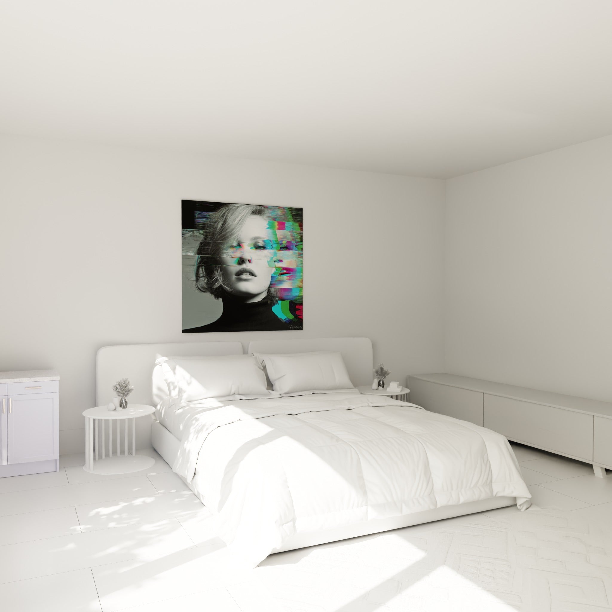 Portrait numérique aux stries turquoise et roses, tableau Cyberpunk au-dessus d'un lit dans une chambre claire
