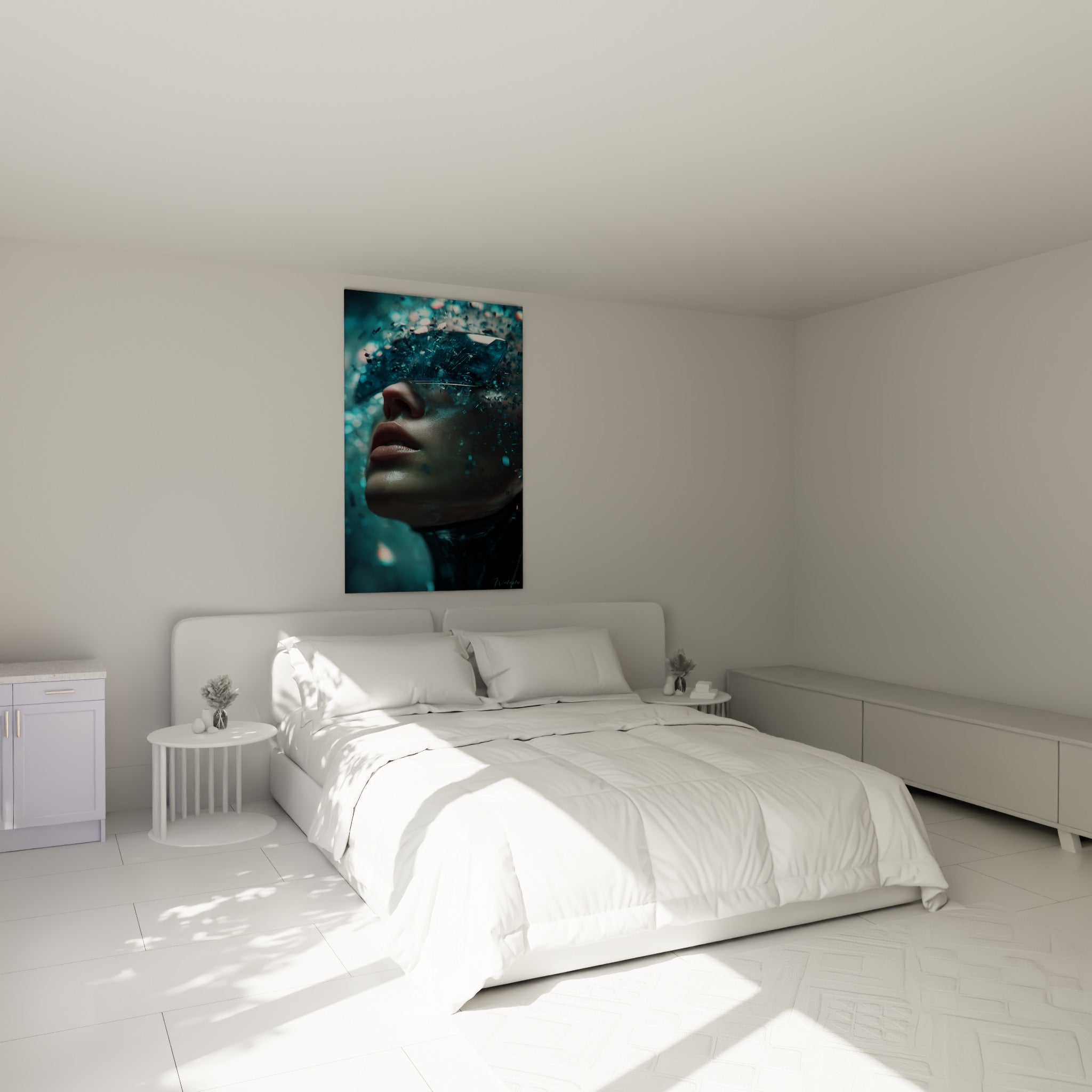 Portrait numérique bleu turquoise et anthracite se désintégrant en pixels, au-dessus d'un lit dans une chambre claire