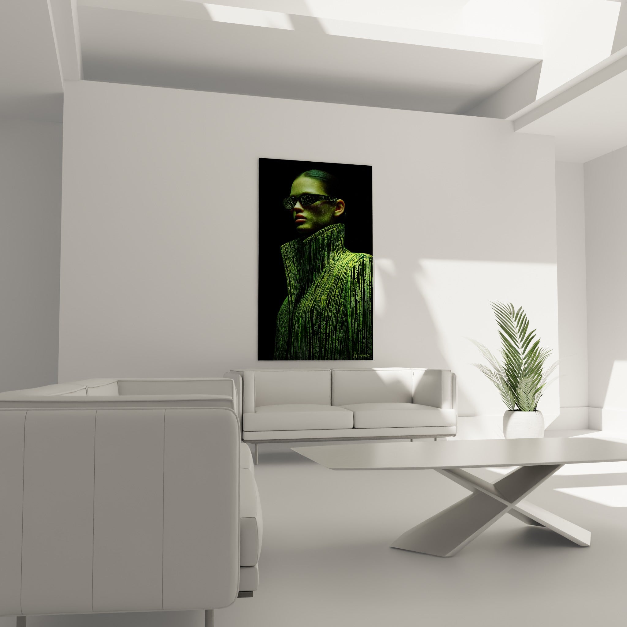 Portrait numérique vert fluorescent et noir profond, col montant texturé, au-dessus d'un canapé dans un salon lumineux