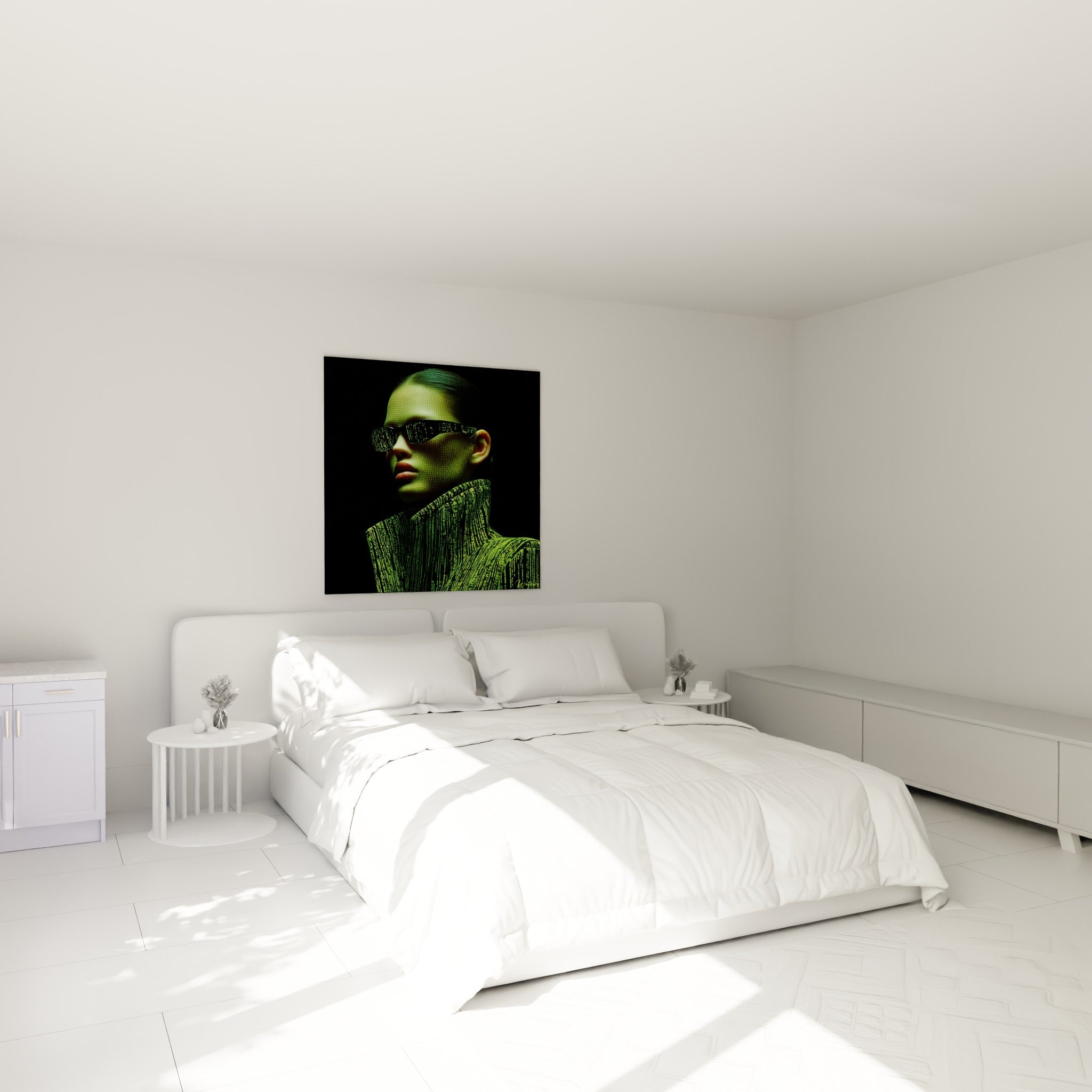 Portrait numérique vert et noir anthracite du tableau Cyberpunk, au-dessus d'un lit dans une chambre claire