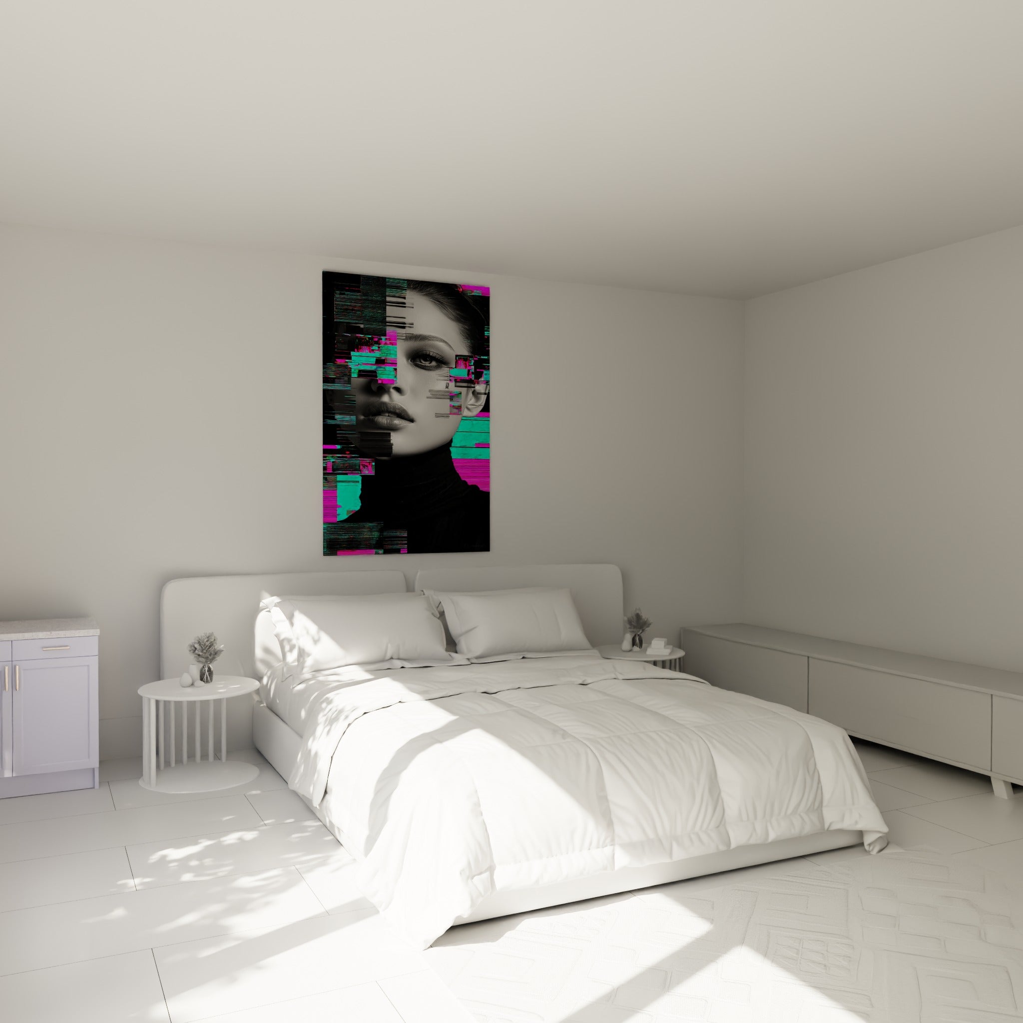 Portrait glitch rose fluo et turquoise, tableau Cyberpunk au-dessus d'un lit dans une chambre claire