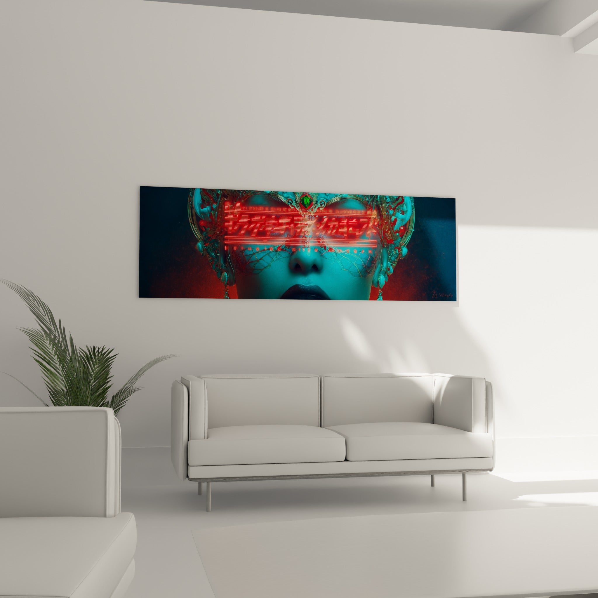 Figure numérique aux teintes rouges et turquoise, au-dessus d'un canapé dans un salon lumineux
