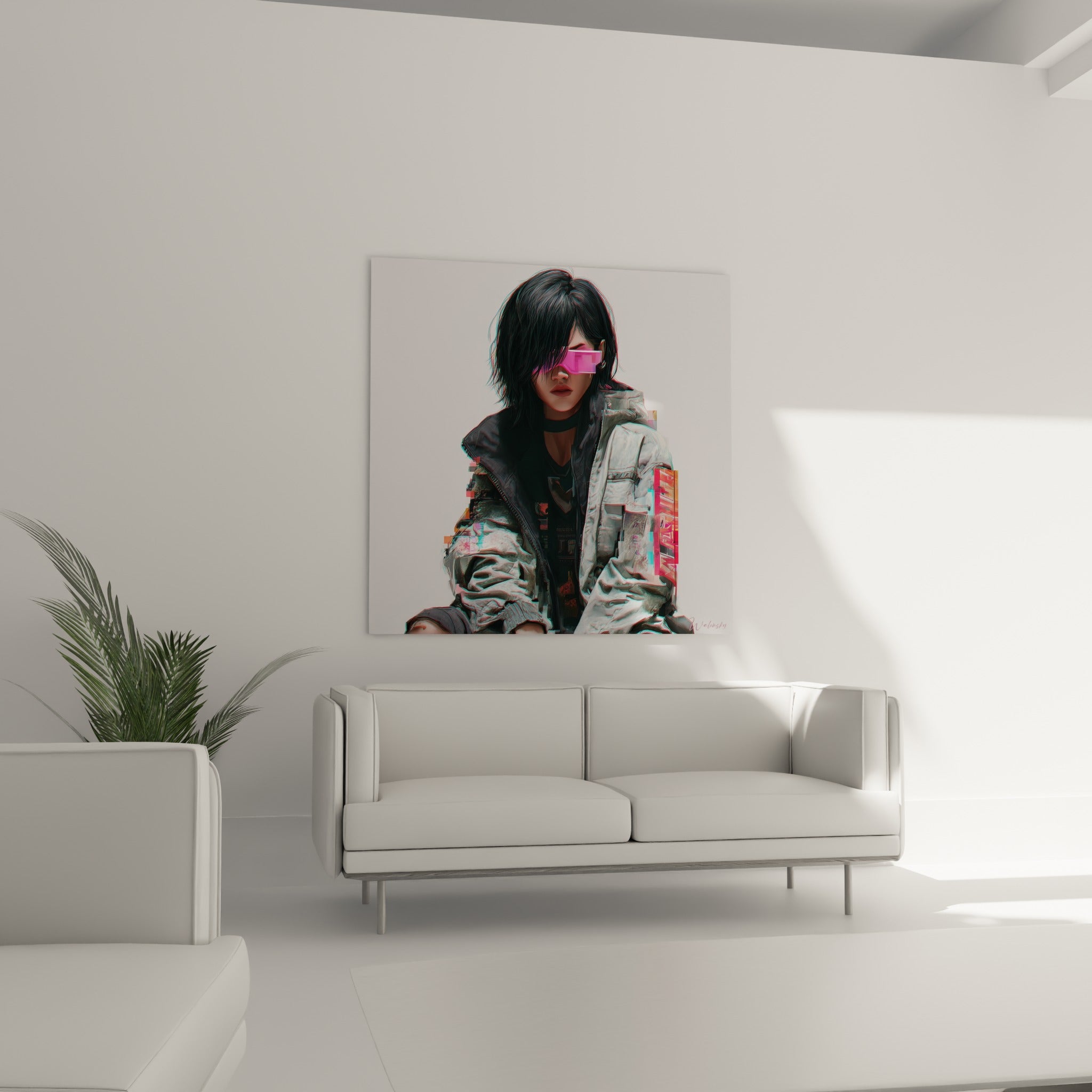 Visage fragmenté aux tons fuchsia et argentés, œuvre cyberpunk au-dessus d'un canapé dans un salon lumineux