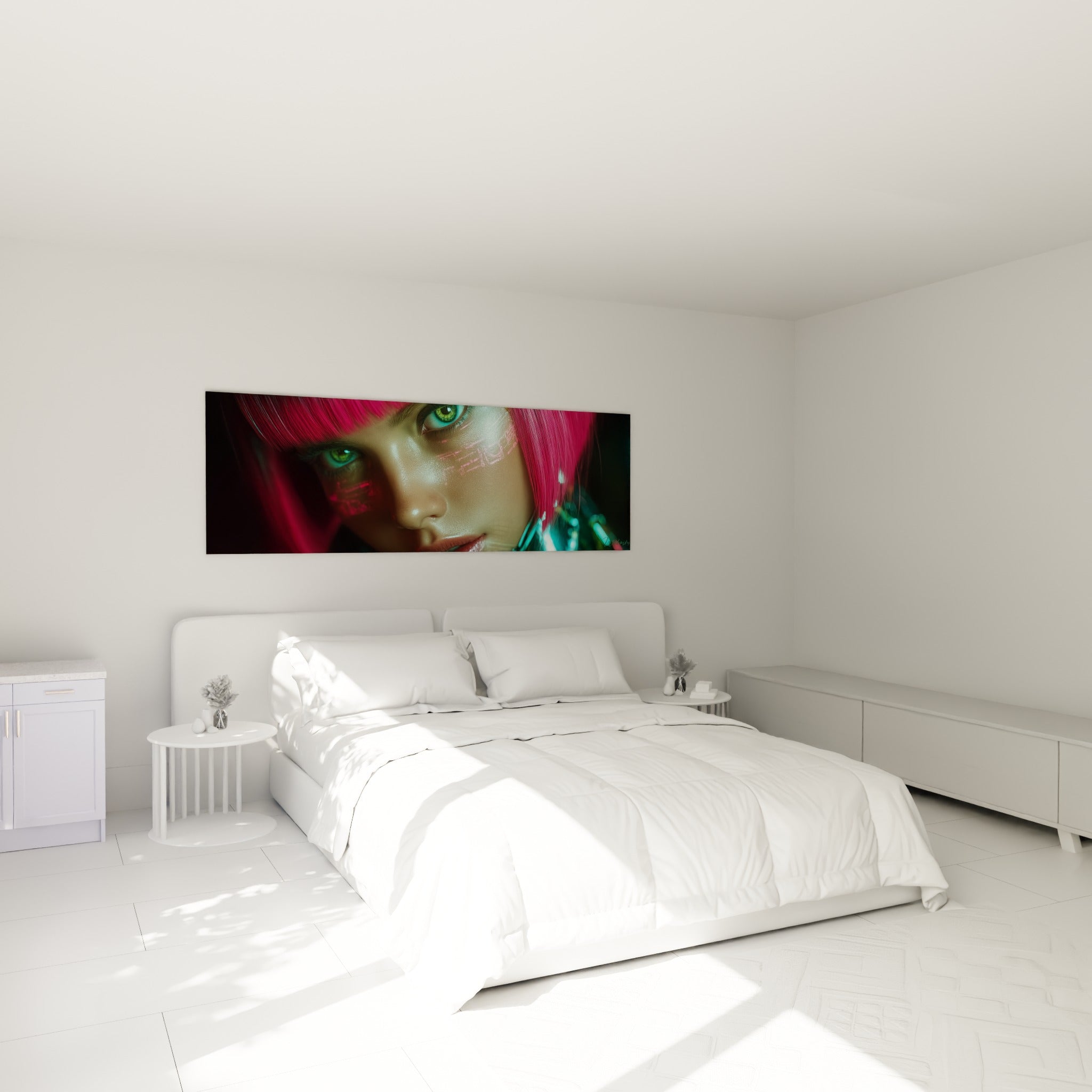 Portrait numérique rose fluo et turquoise aux inscriptions lumineuses, accroché au-dessus d'un lit dans une chambre claire