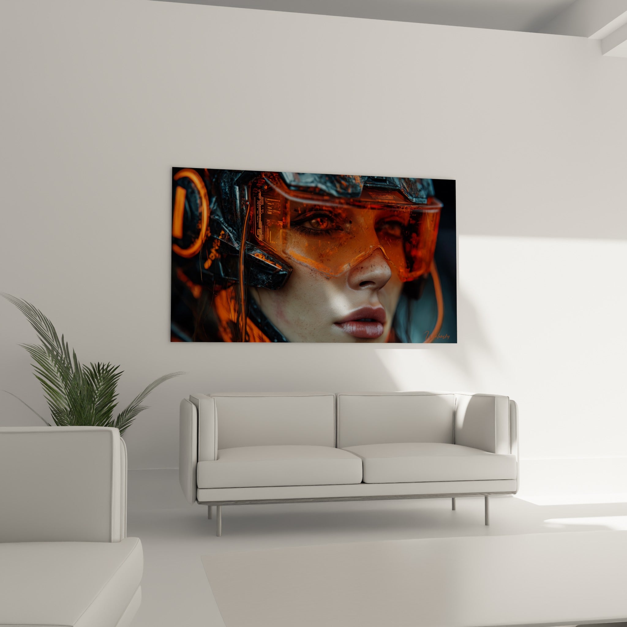 Casque futuriste Cyberpunk aux teintes anthracite et orange placé au-dessus d'un canapé dans un salon lumineux