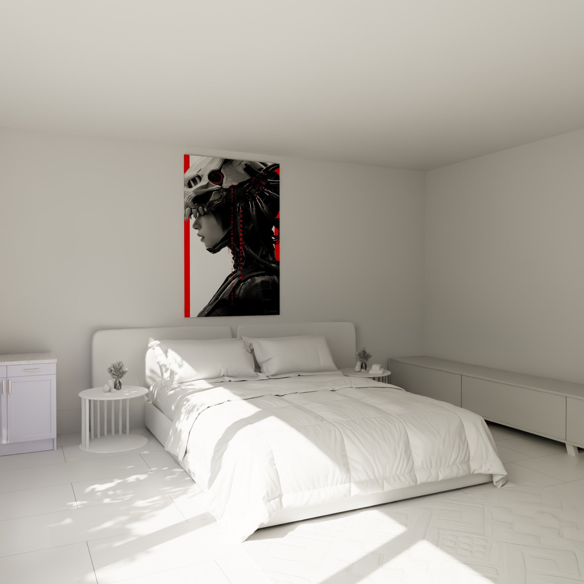 Visage mécanique aux teintes noir et rouge accroché au-dessus d'un lit dans une chambre claire
