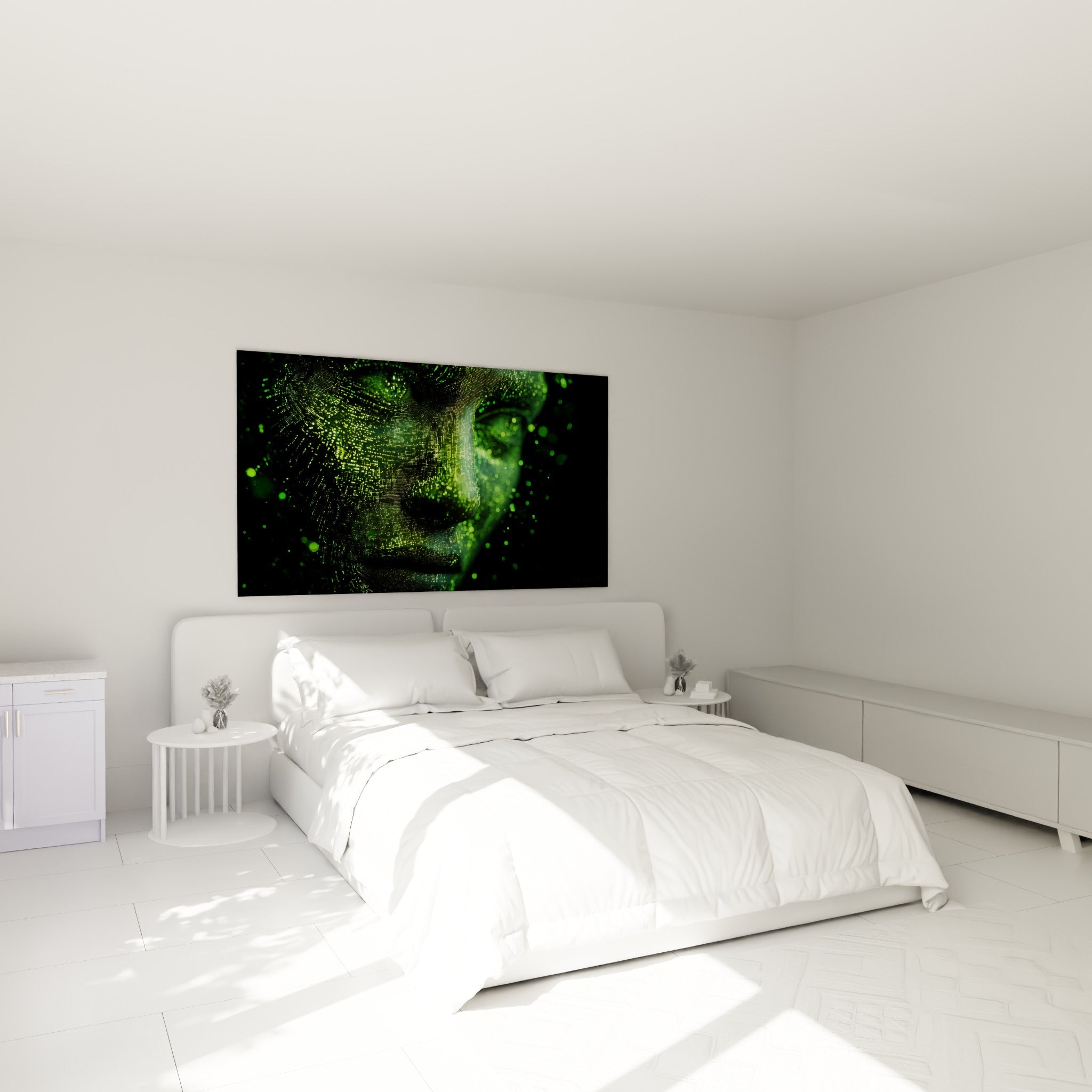 Profil numérique vert émeraude et noir, tableau Cyberpunk au-dessus d'un lit dans une chambre claire