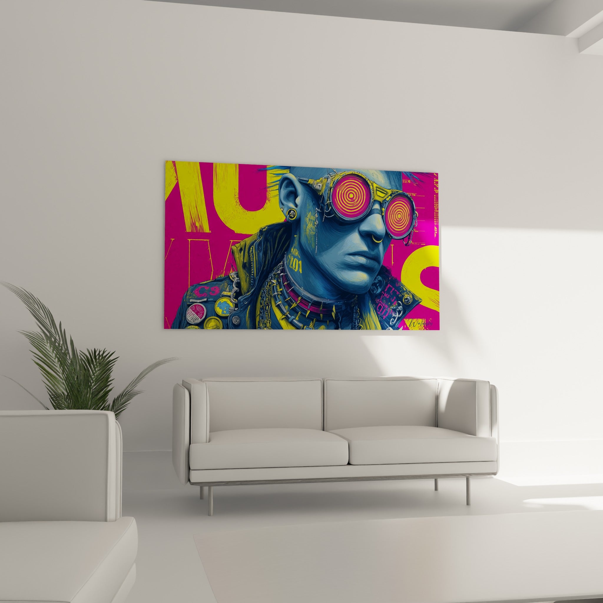 Personnage cyberpunk aux teintes jaune et rose vif au-dessus d'un canapé dans un salon lumineux