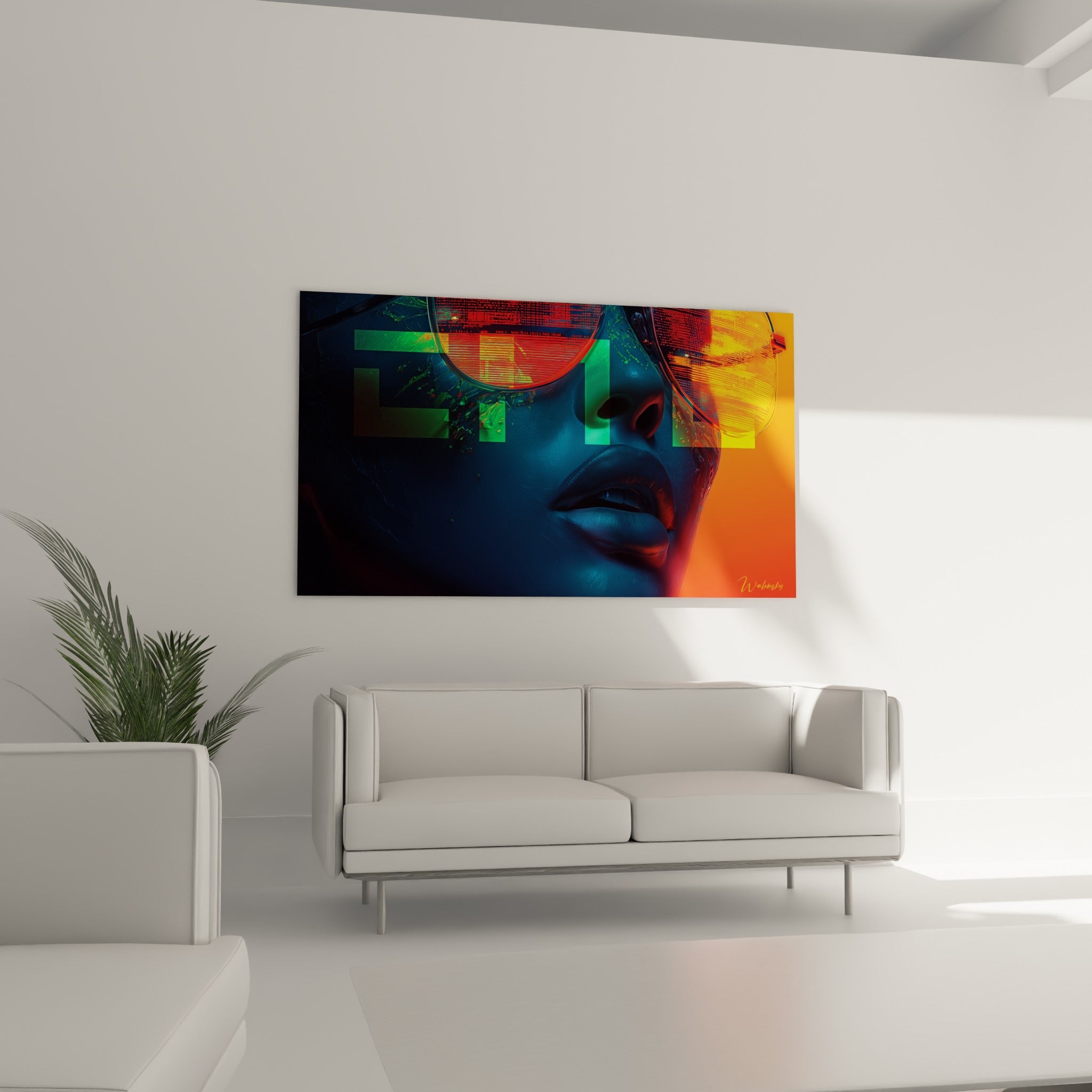 Lunettes reflétant une skyline rouge et jaune, tableau Cyberpunk au-dessus d'un canapé dans un salon lumineux