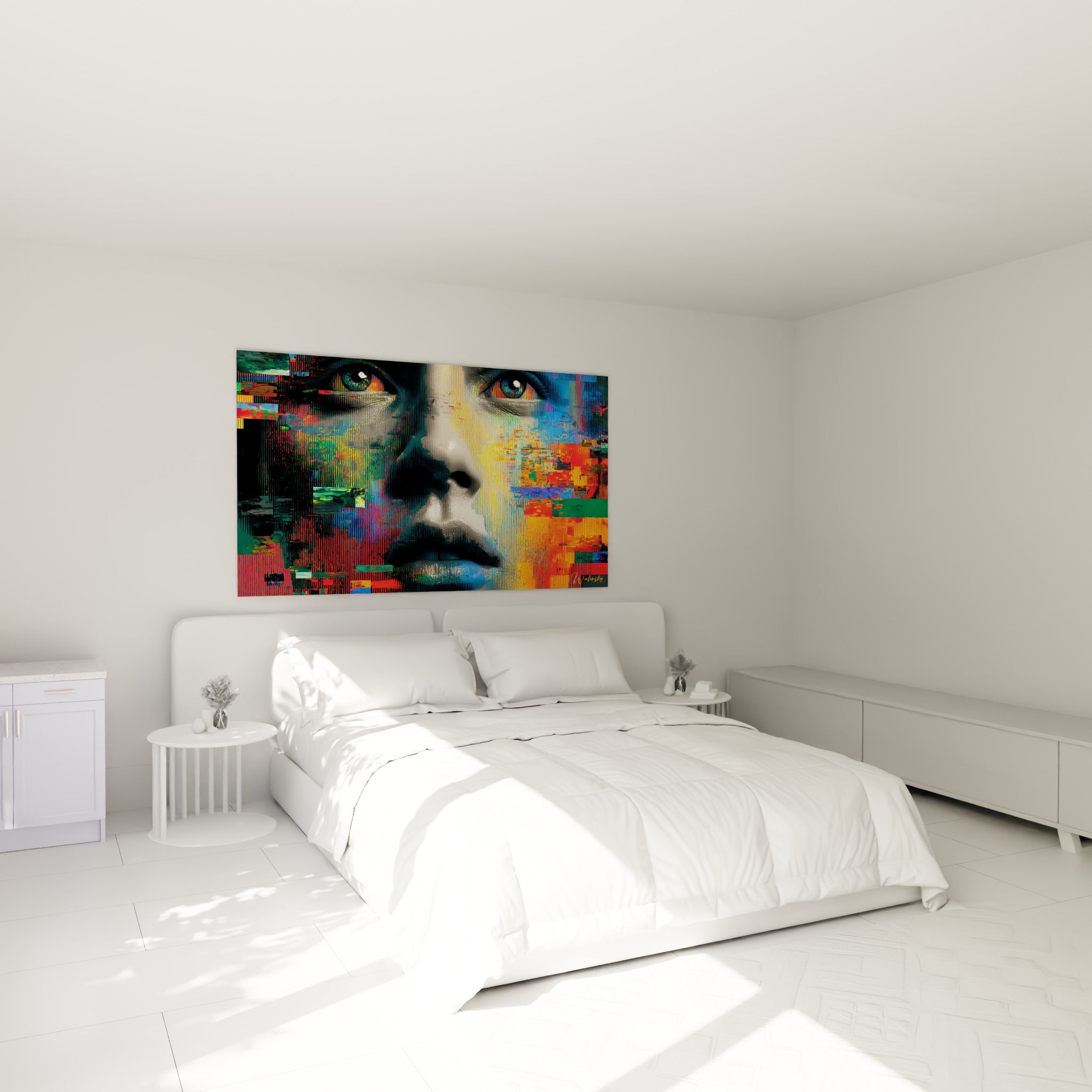 Regard perçant traversé de rayures colorées Cyberpunk, au-dessus d'un lit dans une chambre claire