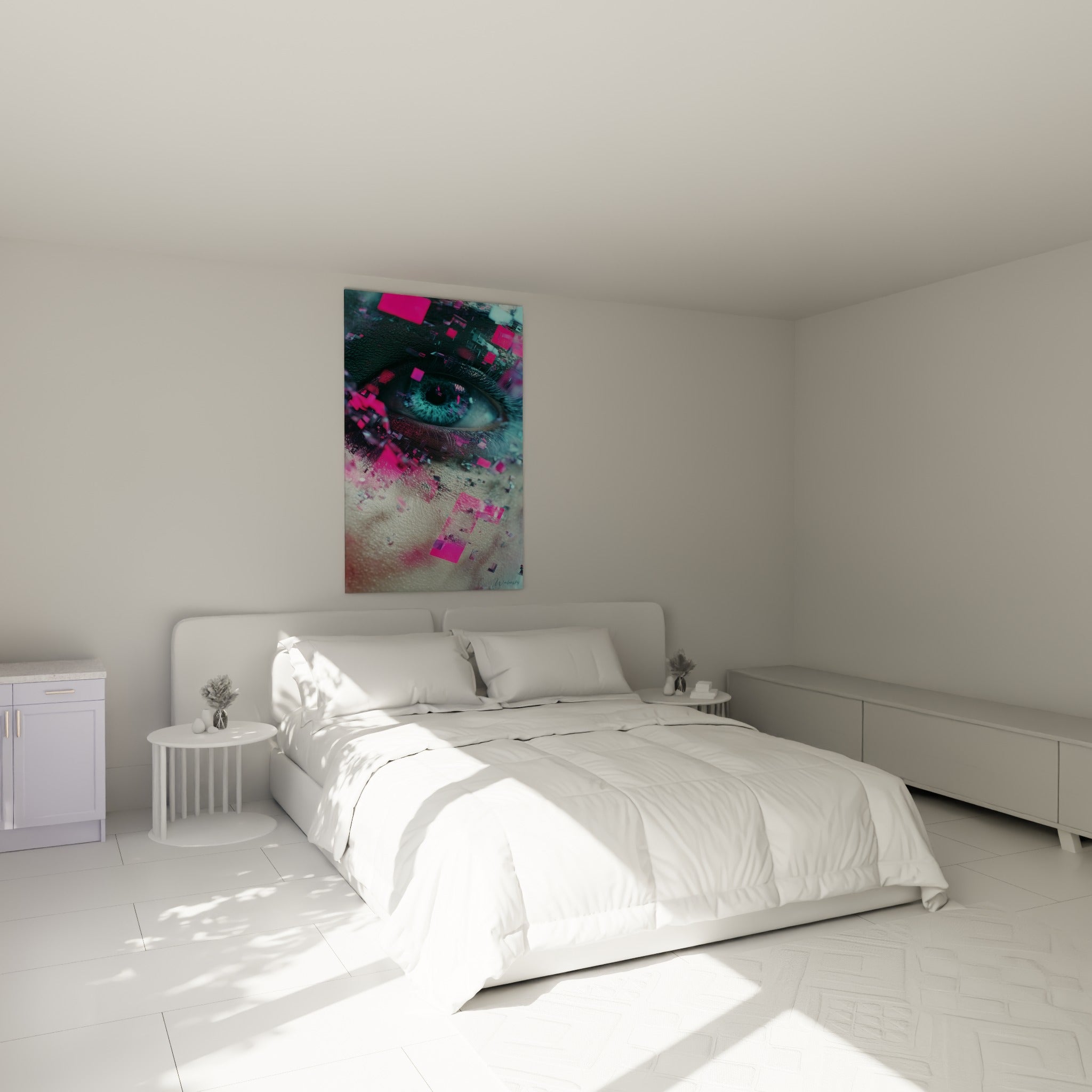 Regard numérique aux éclats fuchsia et turquoise accroché au-dessus d'un lit dans une chambre claire