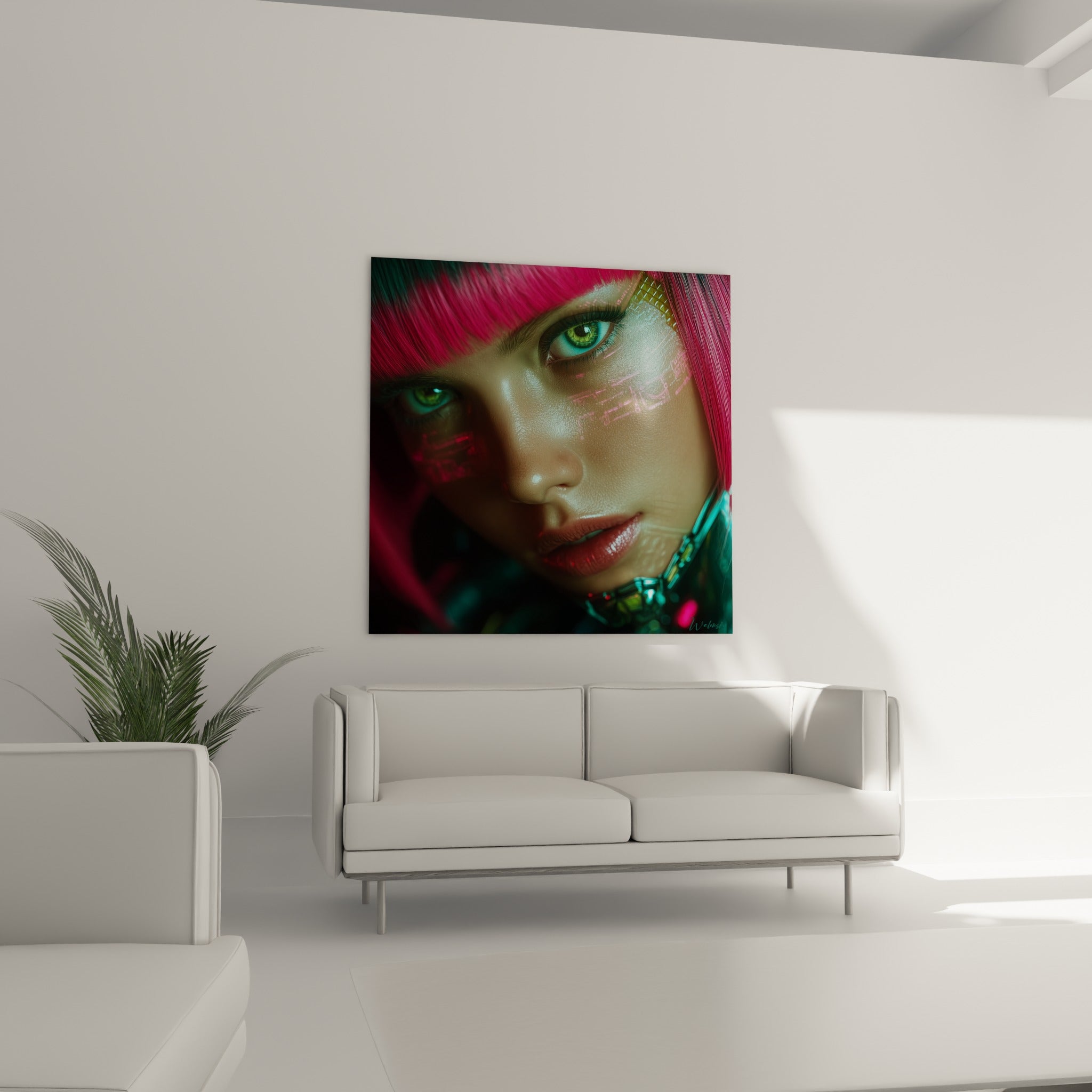 Regard perçant vert et rose du portrait cyberpunk suspendu au-dessus d'un canapé dans un salon lumineux