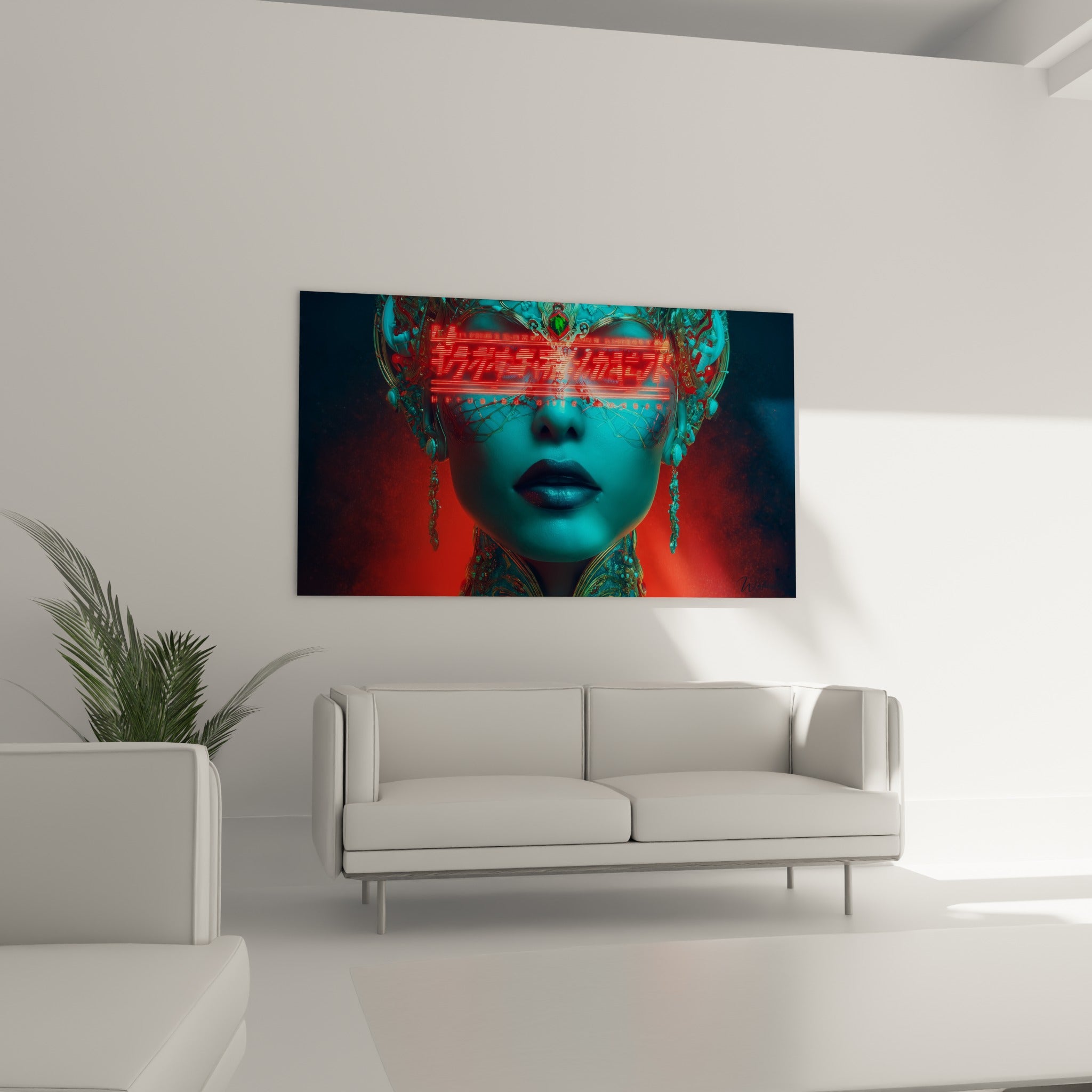 Regard Cyberpunk voilé de lumière rouge et turquoise placé au-dessus d'un canapé dans un salon lumineux