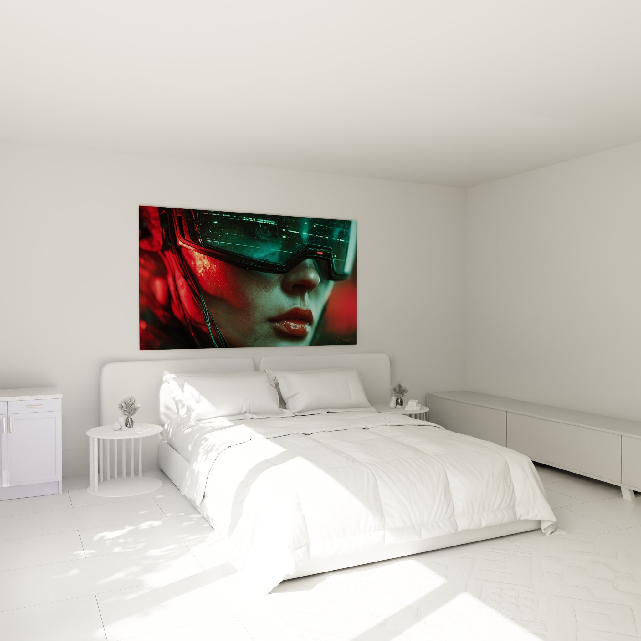 Regard caché sous une visière numérique rouge et turquoise, accroché au-dessus d'un lit dans une chambre claire