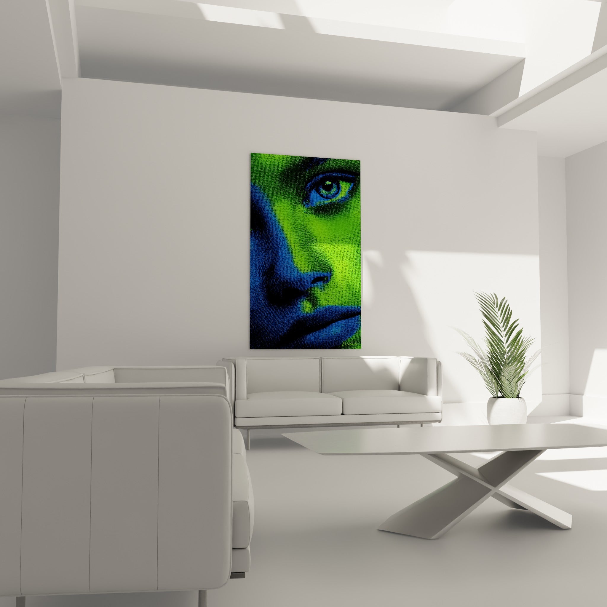 Regard vert fluo et bleu marine du visage cyberpunk, au-dessus d'un canapé dans un salon lumineux