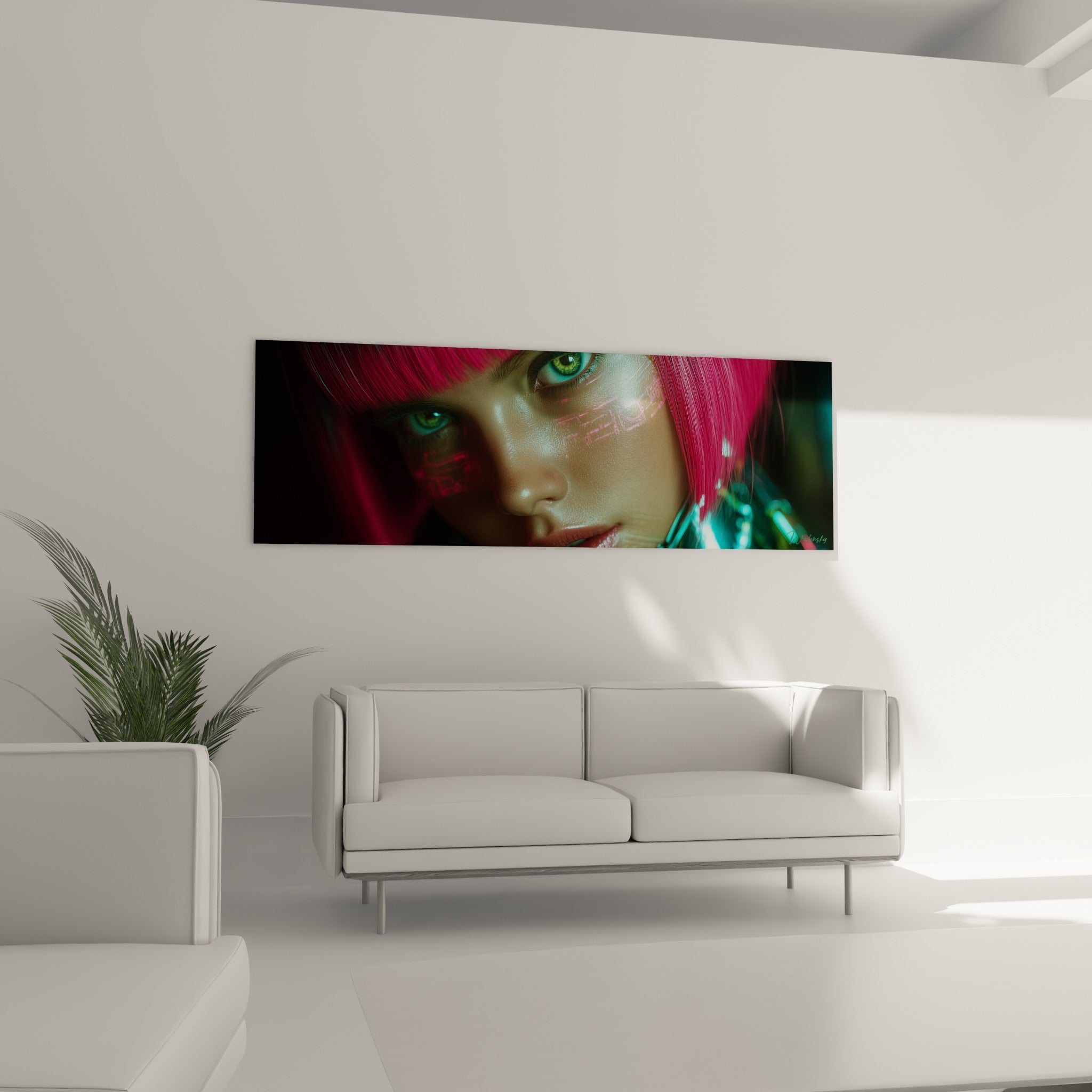 Regard vert perçant sous une chevelure rose vif éclairée de reflets turquoise, au-dessus d'un canapé dans un salon lumineux