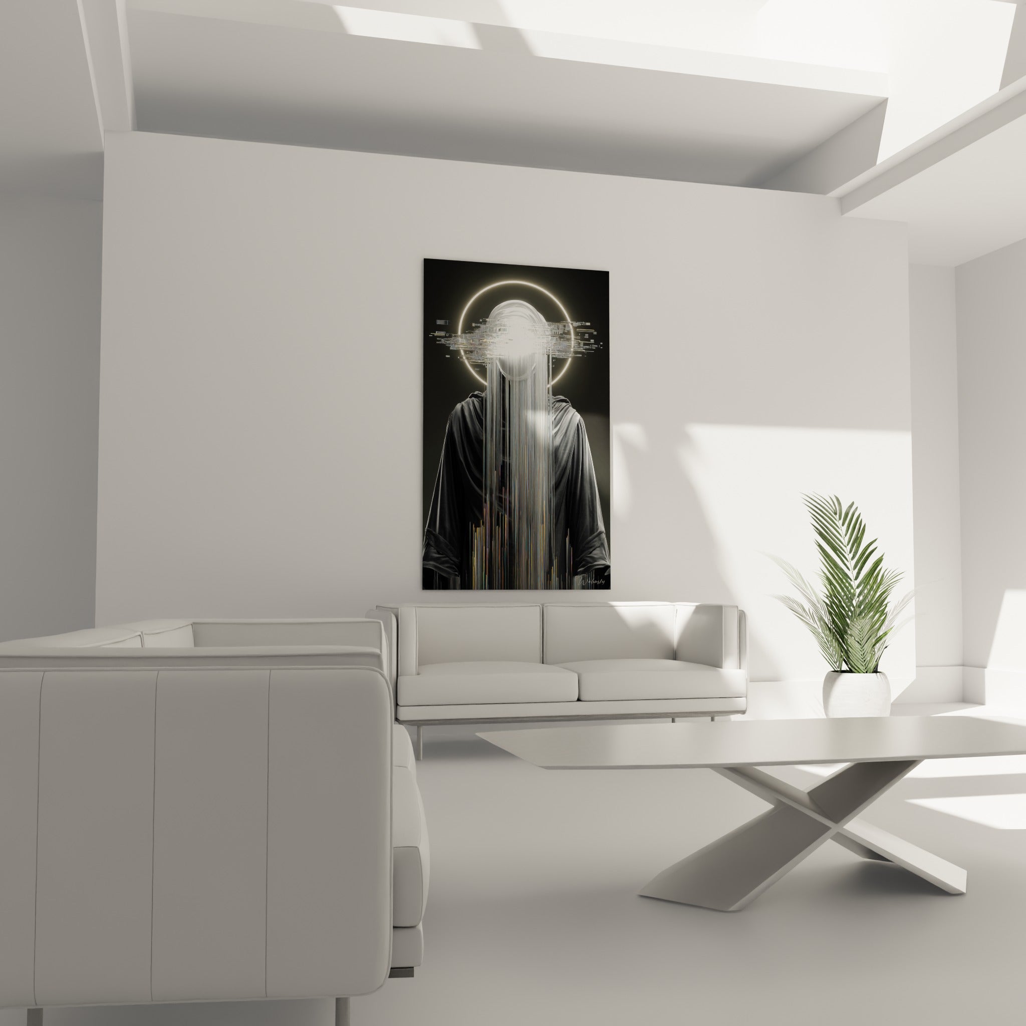 Entité numérique blanche et dorée, tableau Cyberpunk au-dessus d'un canapé dans un salon lumineux