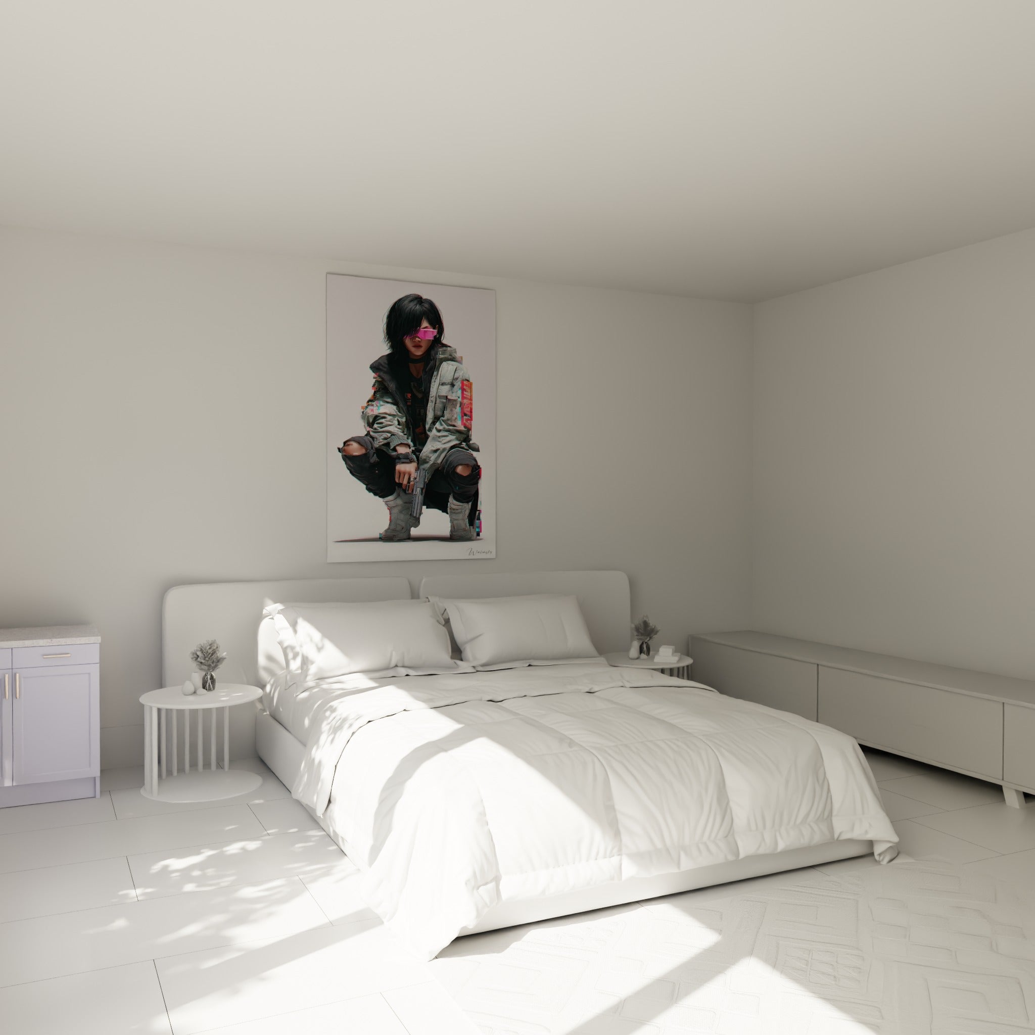 Silhouette Cyberpunk aux lunettes roses fluo et blouson anthracite, au-dessus d'un lit dans une chambre claire