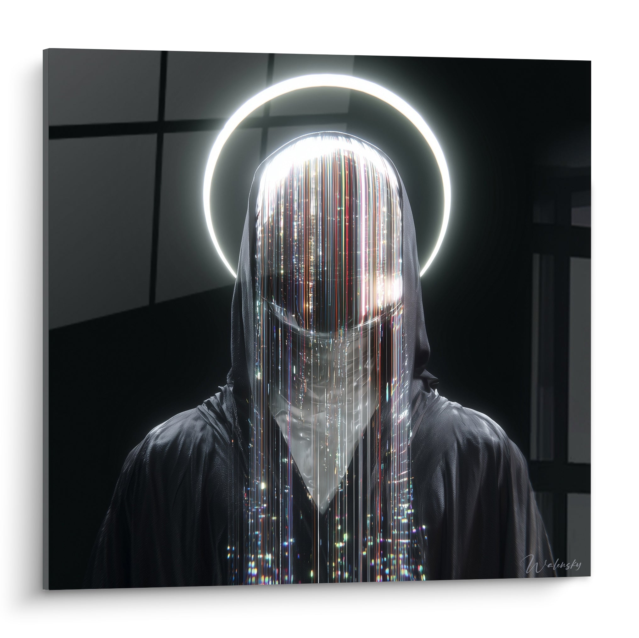 Silhouette Cyberpunk encapuchonnée noire, visage en filaments blancs et halo lumineux circulaire