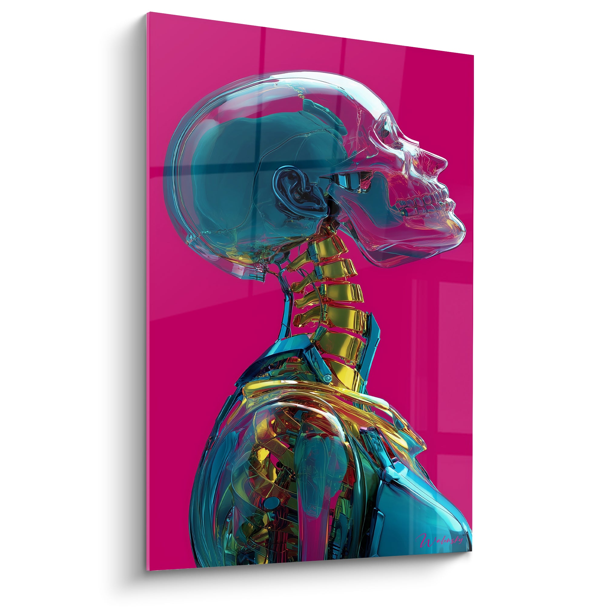 Squelette translucide bleu turquoise et doré sur fond fuchsia intense, profil détaillé Cyberpunk