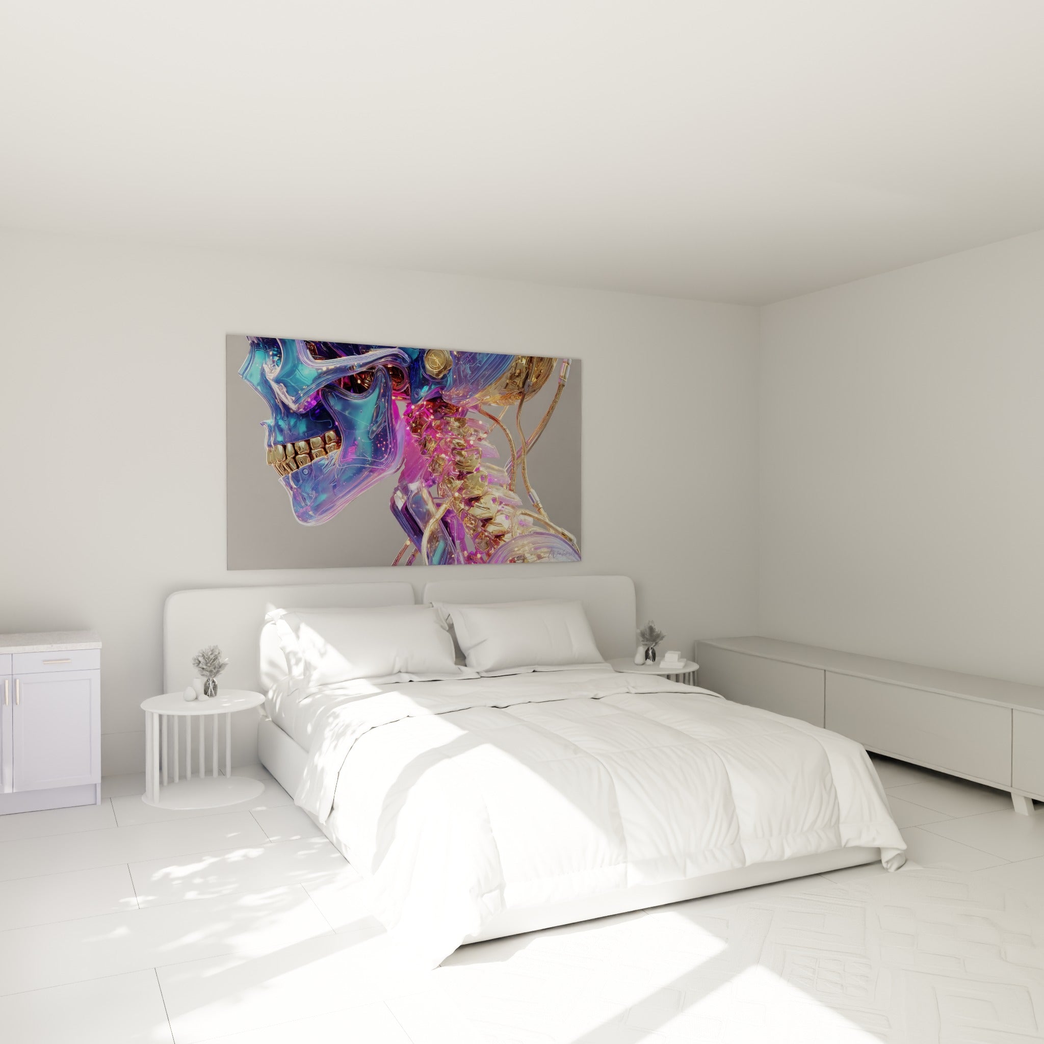 Squelette futuriste violet et doré au-dessus d'un lit dans une chambre claire, thème Cyberpunk